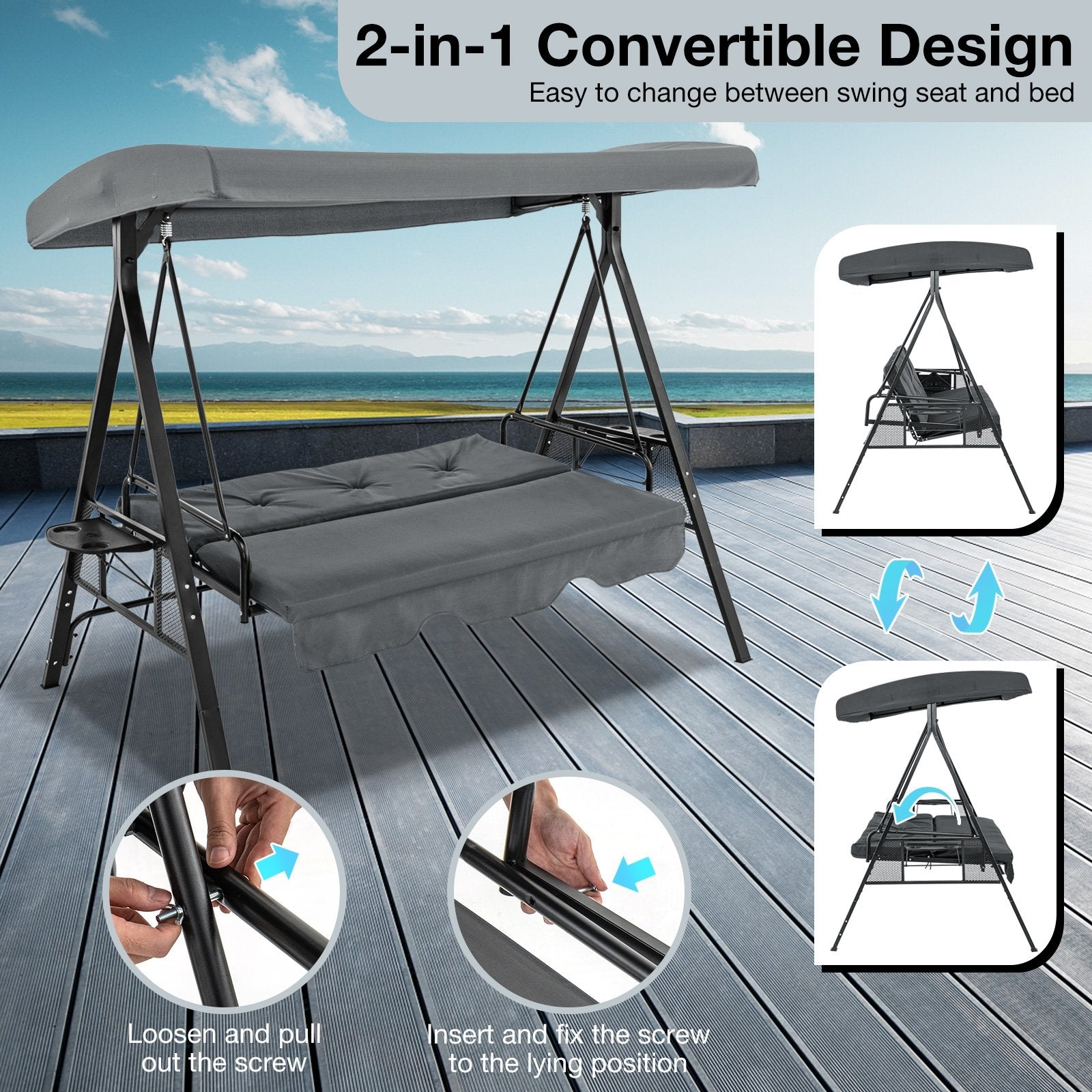 Convertible 3-Seat Patio Porch Swing Chair to Flat Bed with Adjustable Canopy, Gray Porch Swings   at Gallery Canada