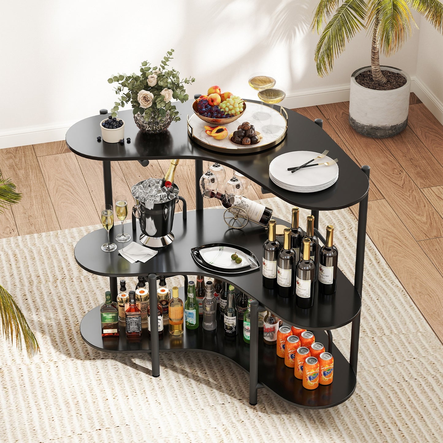 3-Tier Liquor Bar Table with Stemware Racks and Storage Shelves, Black Bar Tables at Gallery Canada