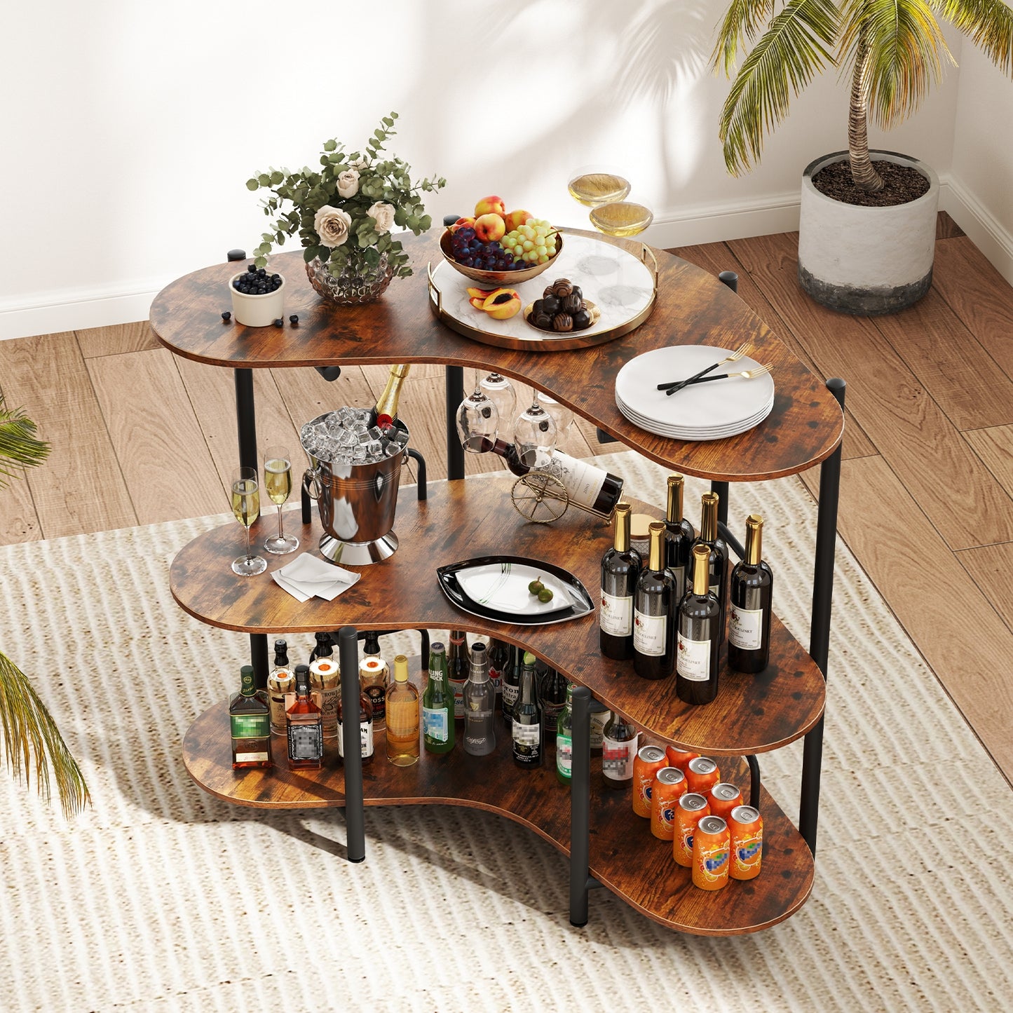 3-Tier Liquor Bar Table with Stemware Racks and Storage Shelves, Rustic Brown Bar Tables at Gallery Canada