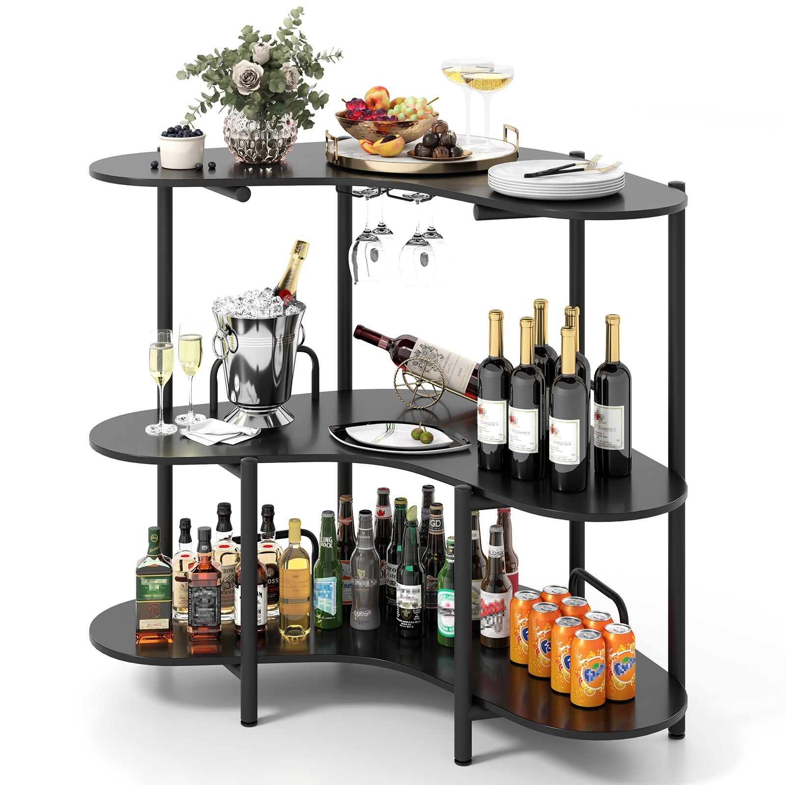 3-Tier Liquor Bar Table with Stemware Racks and Storage Shelves, Black Bar Tables at Gallery Canada