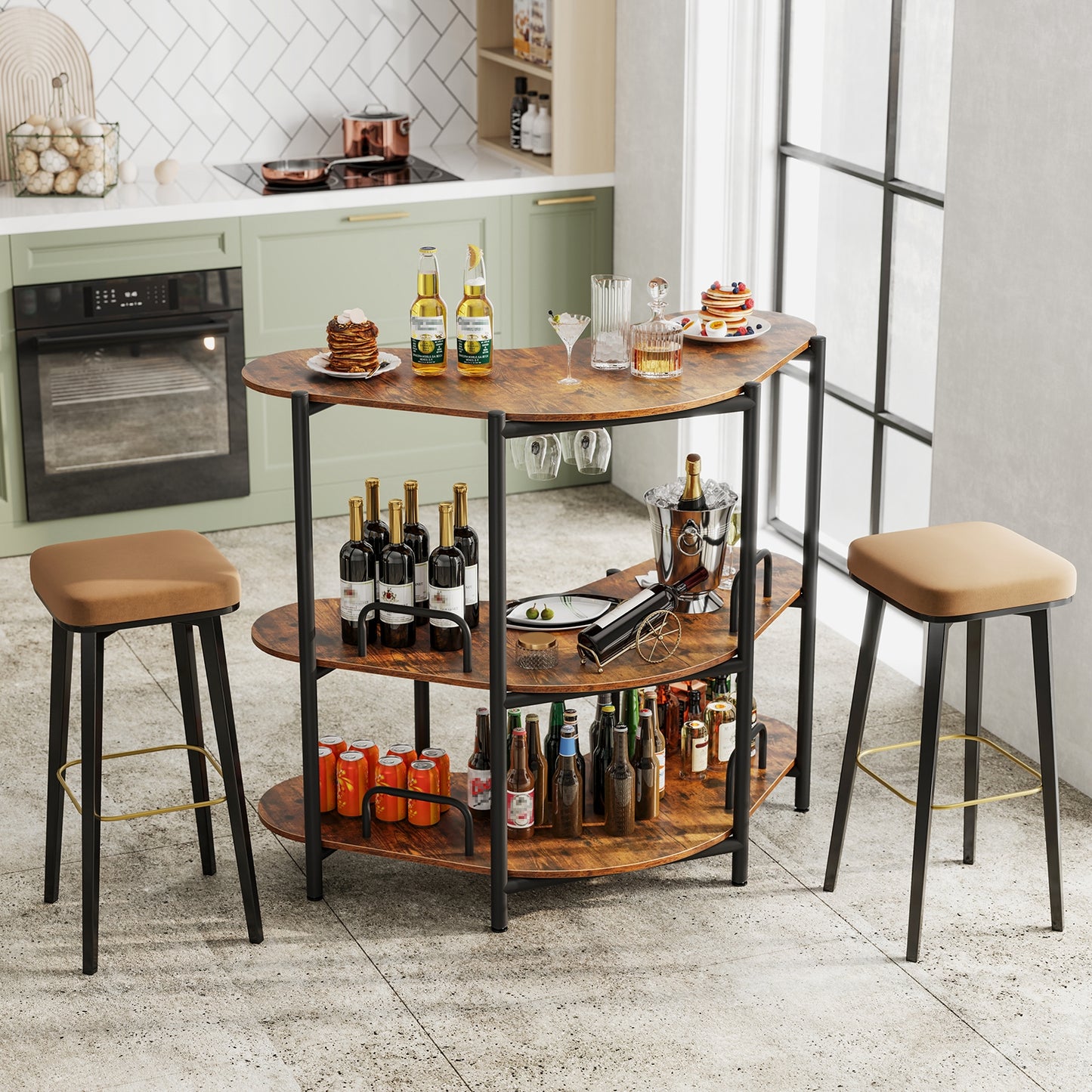 3-Tier Liquor Bar Table with Stemware Racks and Storage Shelves, Rustic Brown Bar Tables at Gallery Canada