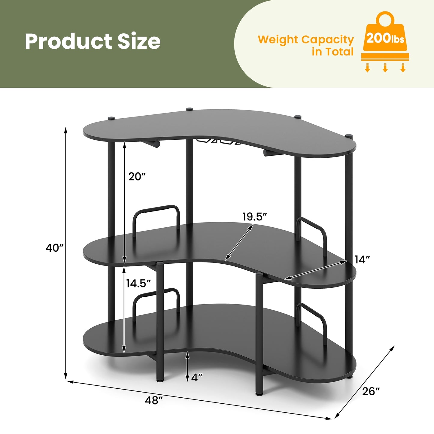 3-Tier Liquor Bar Table with Stemware Racks and Storage Shelves, Black Bar Tables at Gallery Canada