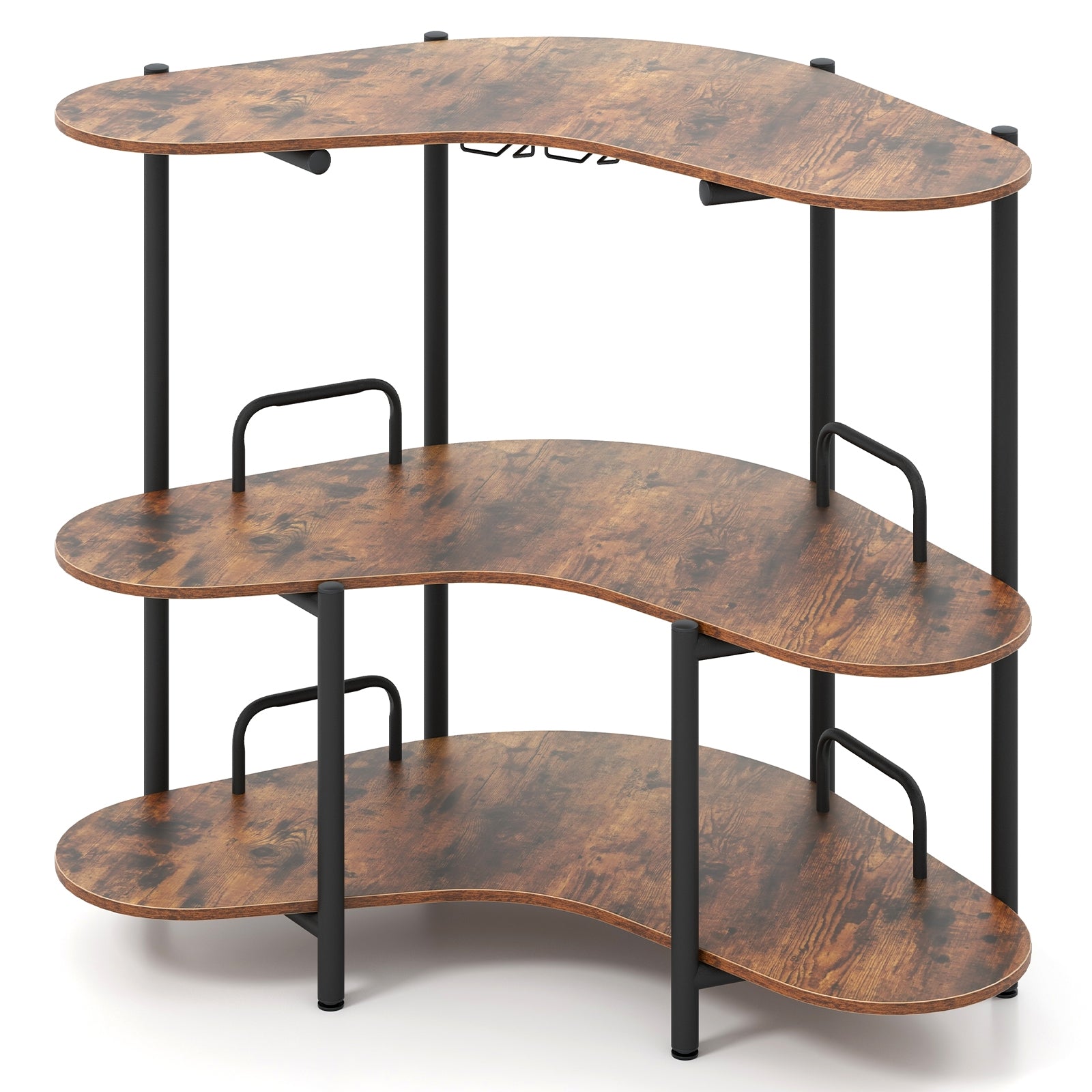 3-Tier Liquor Bar Table with Stemware Racks and Storage Shelves, Rustic Brown Bar Tables Rustic Brown at Gallery Canada