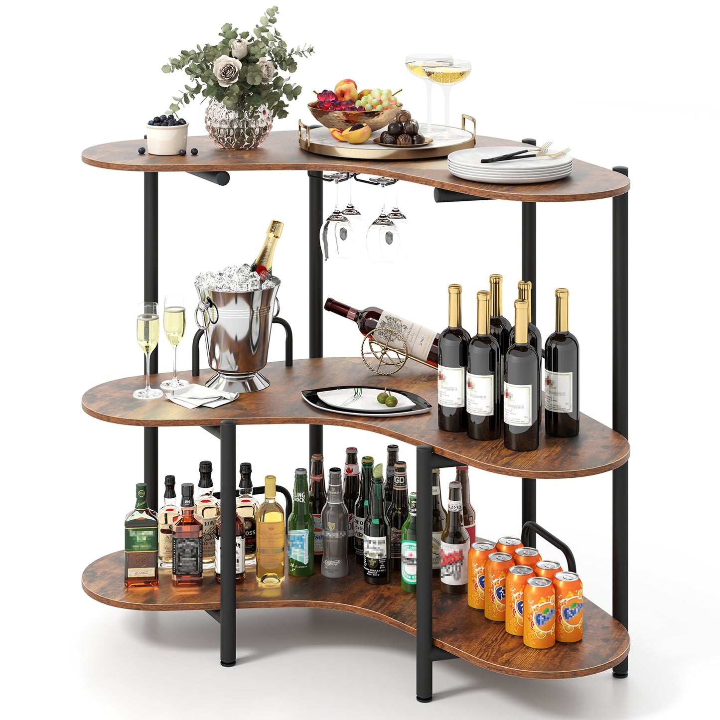 3-Tier Liquor Bar Table with Stemware Racks and Storage Shelves, Rustic Brown Bar Tables at Gallery Canada