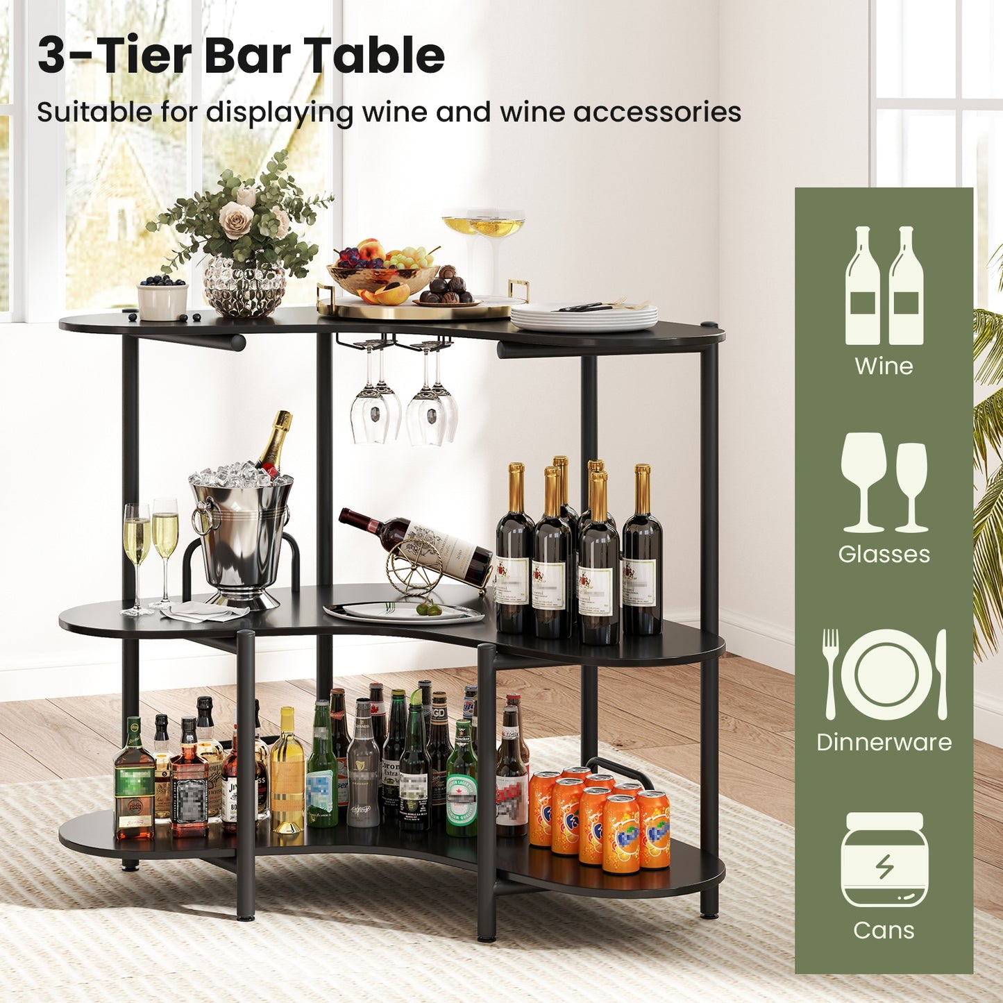 3-Tier Liquor Bar Table with Stemware Racks and Storage Shelves, Black Bar Tables at Gallery Canada