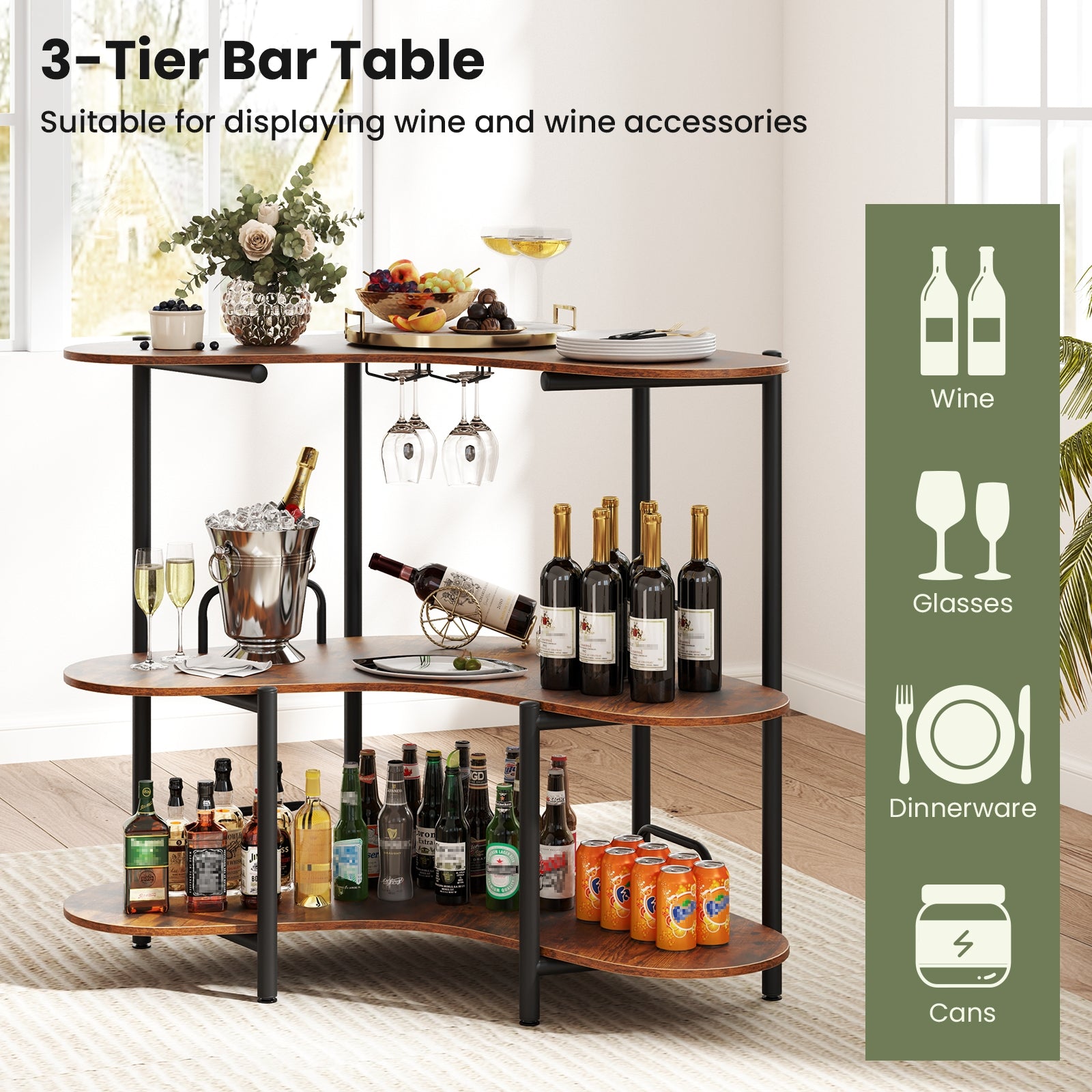 3-Tier Liquor Bar Table with Stemware Racks and Storage Shelves, Rustic Brown Bar Tables at Gallery Canada