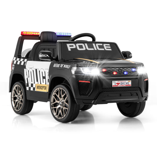 12V Kids Ride on Police Car with Remote and Siren Flashing Lights, Black Powered Ride On Toys Black at Gallery Canada