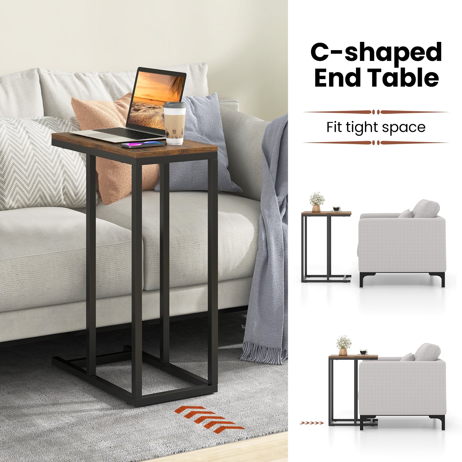 C-shaped Side Table with Heavy-duty Metal Frame, Rustic Brown End & Side Tables at Gallery Canada