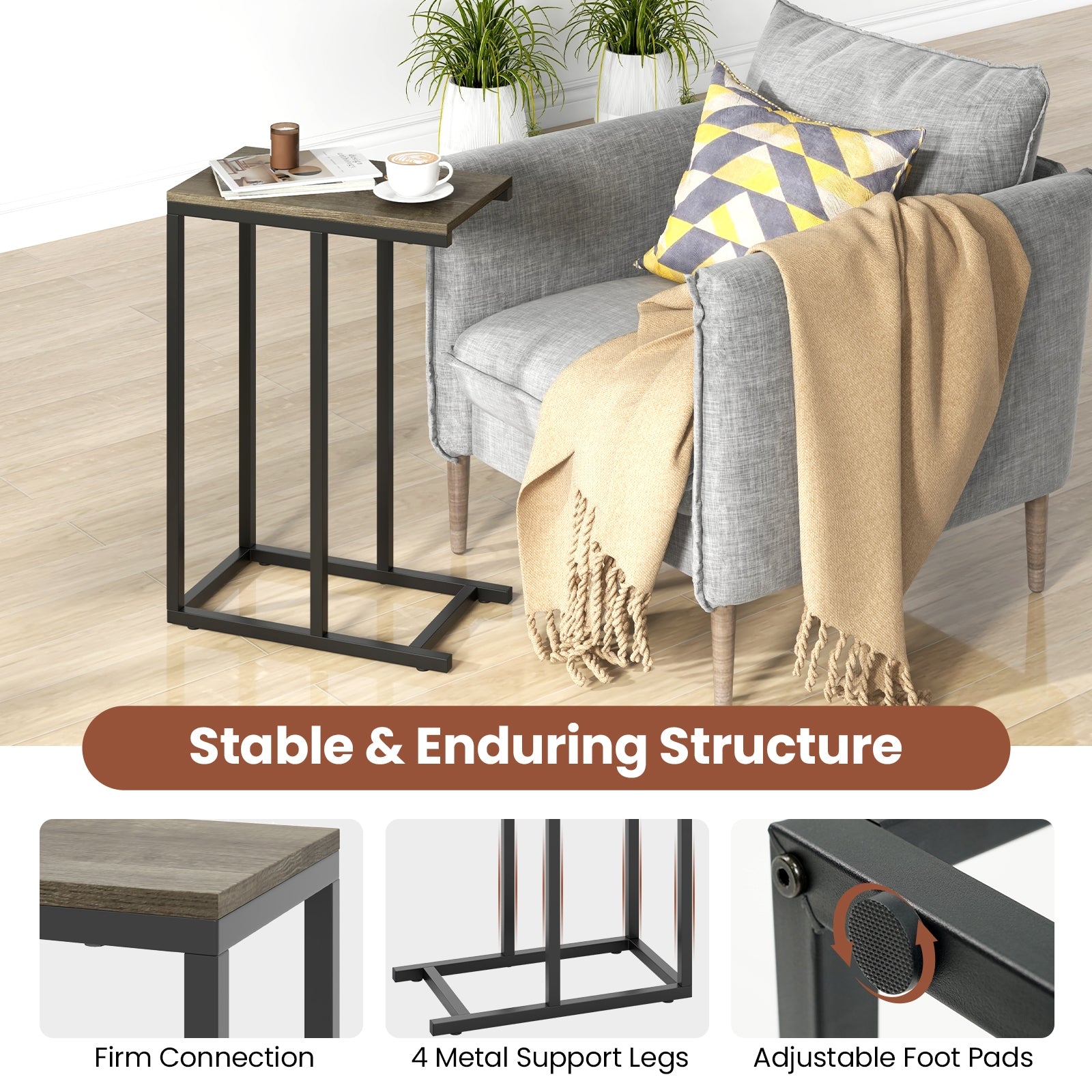 C-shaped Side Table with Heavy-duty Metal Frame, Oak End & Side Tables at Gallery Canada