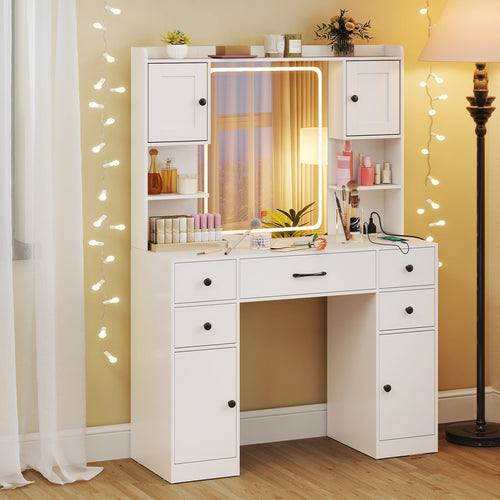 Makeup Vanity Desk with Lighted Mirror and Charging Station, White