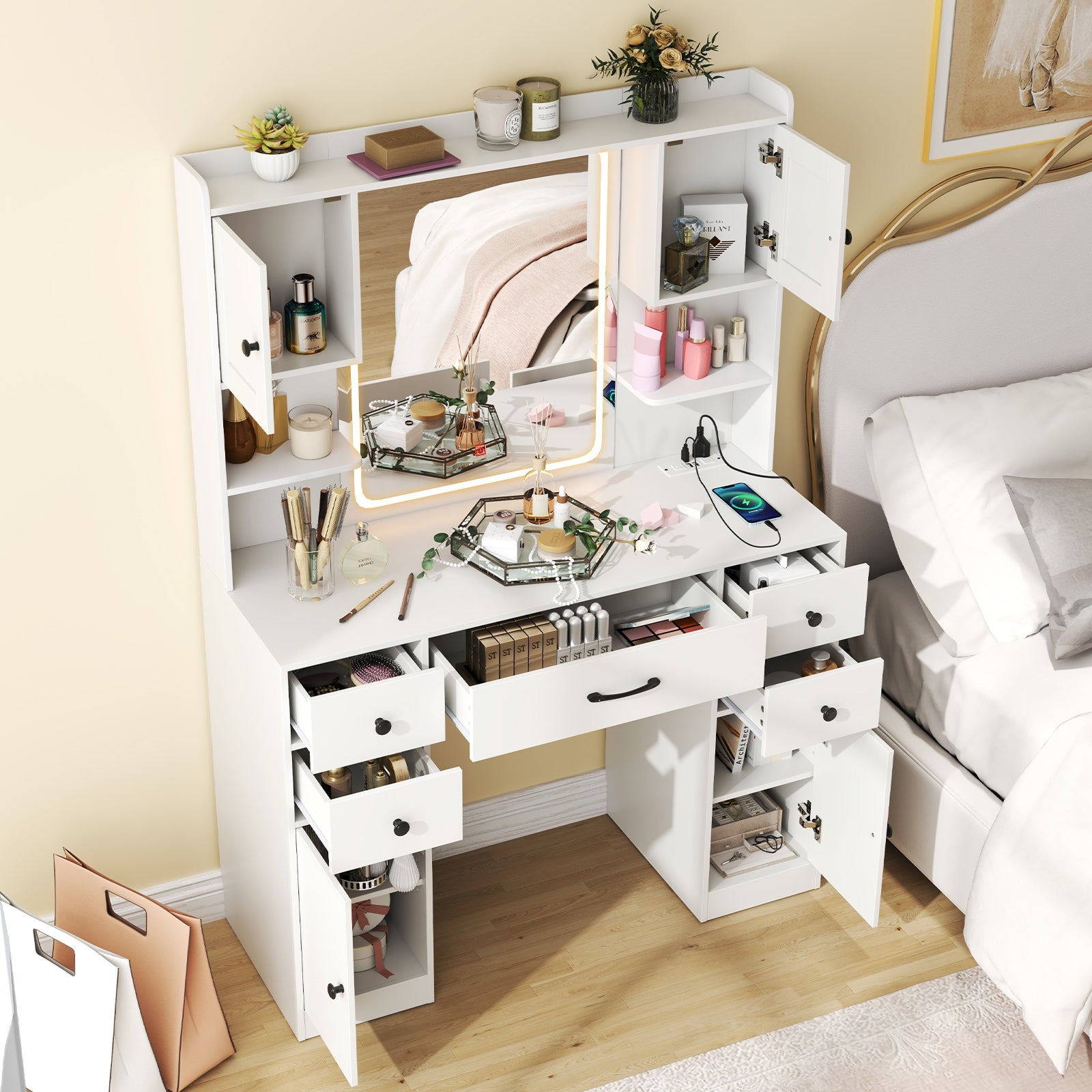 Makeup Vanity Desk with Lighted Mirror and Charging Station, White Makeup Vanities at Gallery Canada