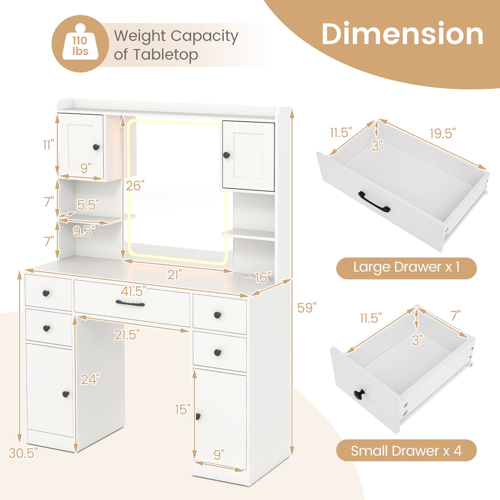 Makeup Vanity Desk with Lighted Mirror and Charging Station, White Makeup Vanities at Gallery Canada