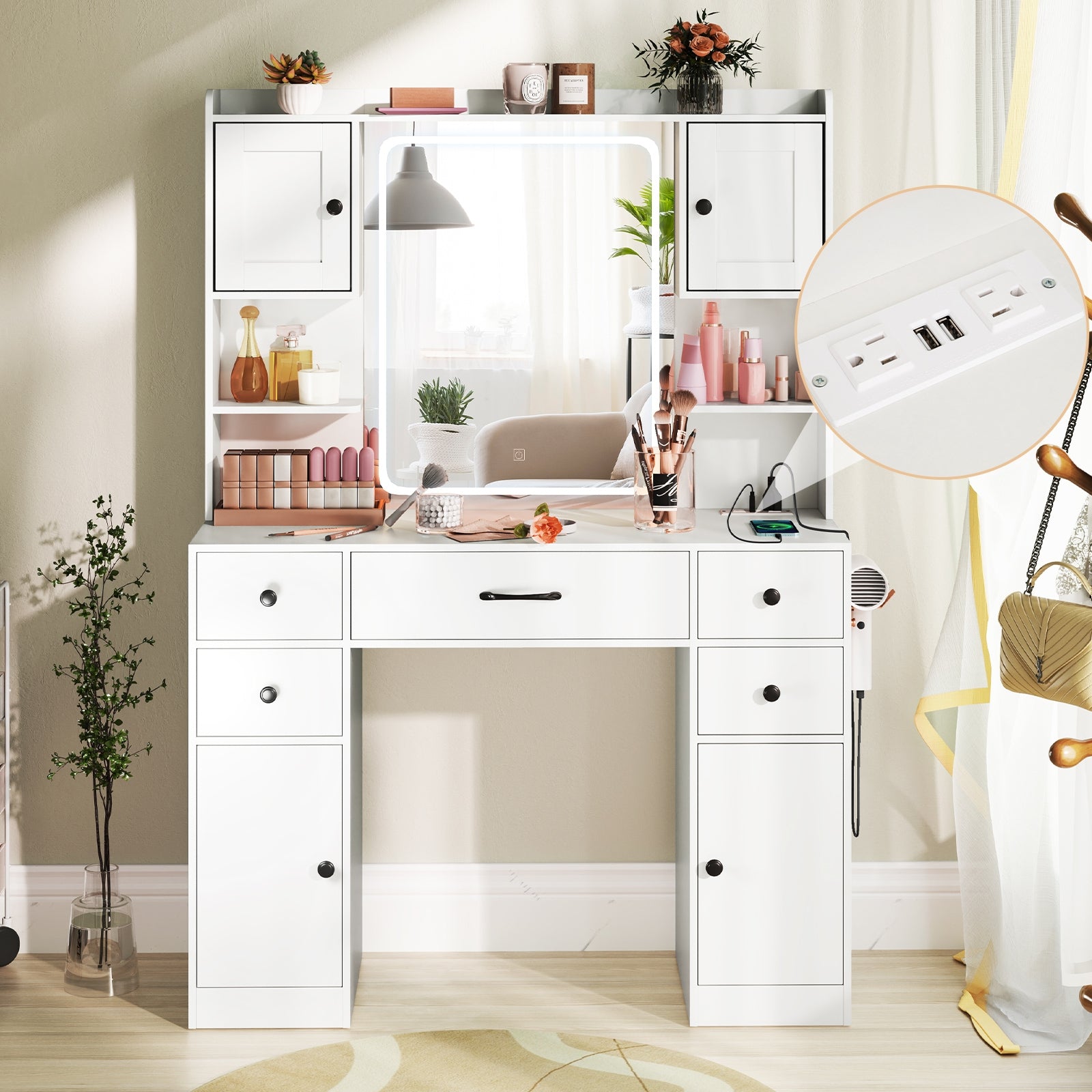 Makeup Vanity Desk with Lighted Mirror and Charging Station, White Makeup Vanities at Gallery Canada