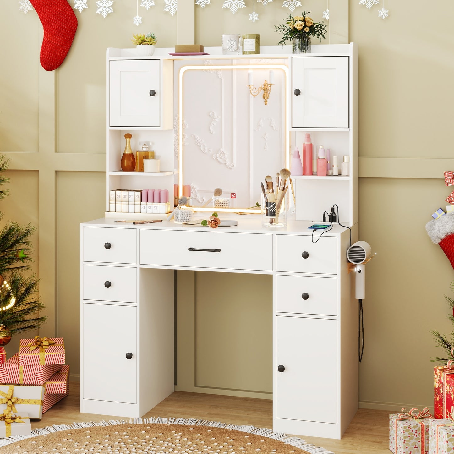 Makeup Vanity Desk with Lighted Mirror and Charging Station, White Makeup Vanities at Gallery Canada