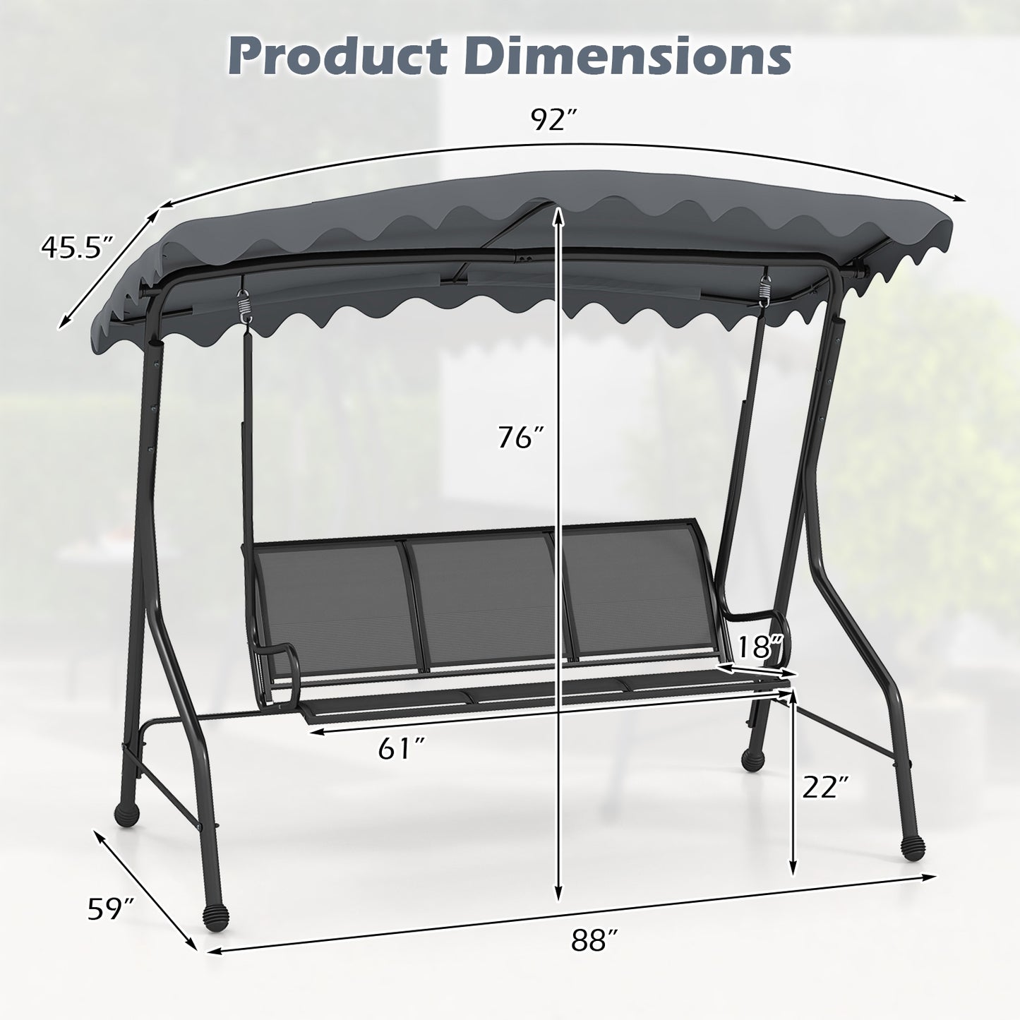 3-Seat Outdoor Porch Canopy Swing with Adjustable Shading, Gray Porch Swings   at Gallery Canada