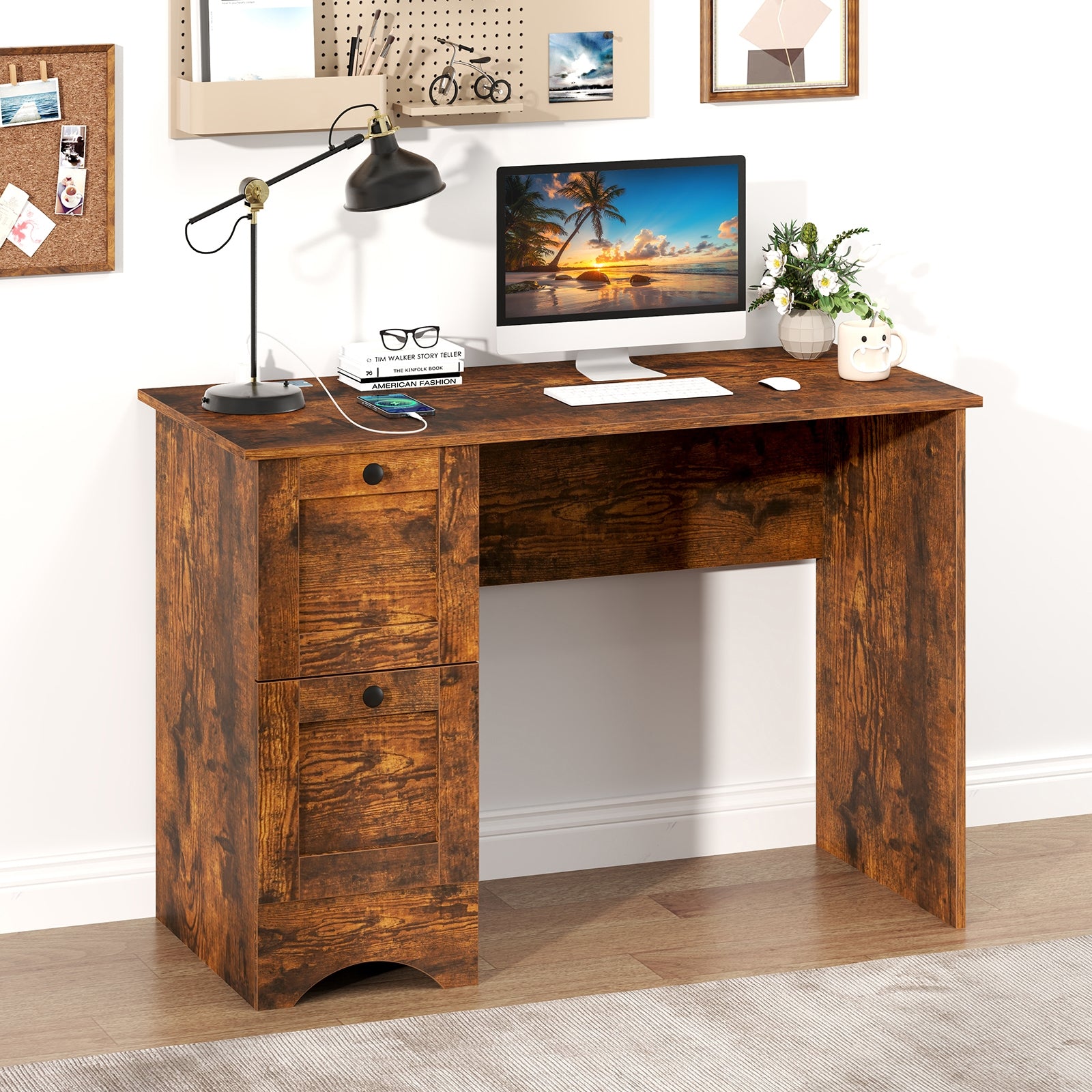 Wooden Computer Desk Workstation with 3 Drawers for Home and Office, Rustic Brown Computer Desks at Gallery Canada