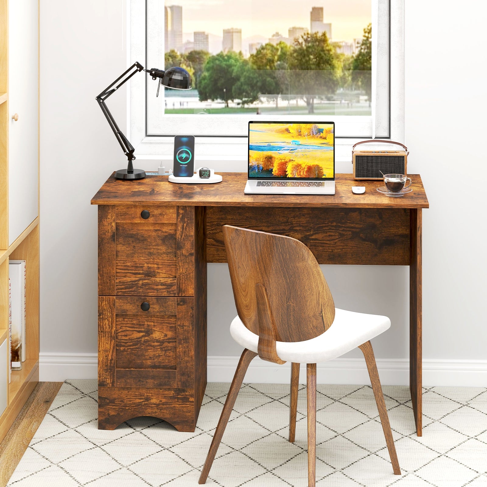 Wooden Computer Desk Workstation with 3 Drawers for Home and Office, Rustic Brown Computer Desks at Gallery Canada