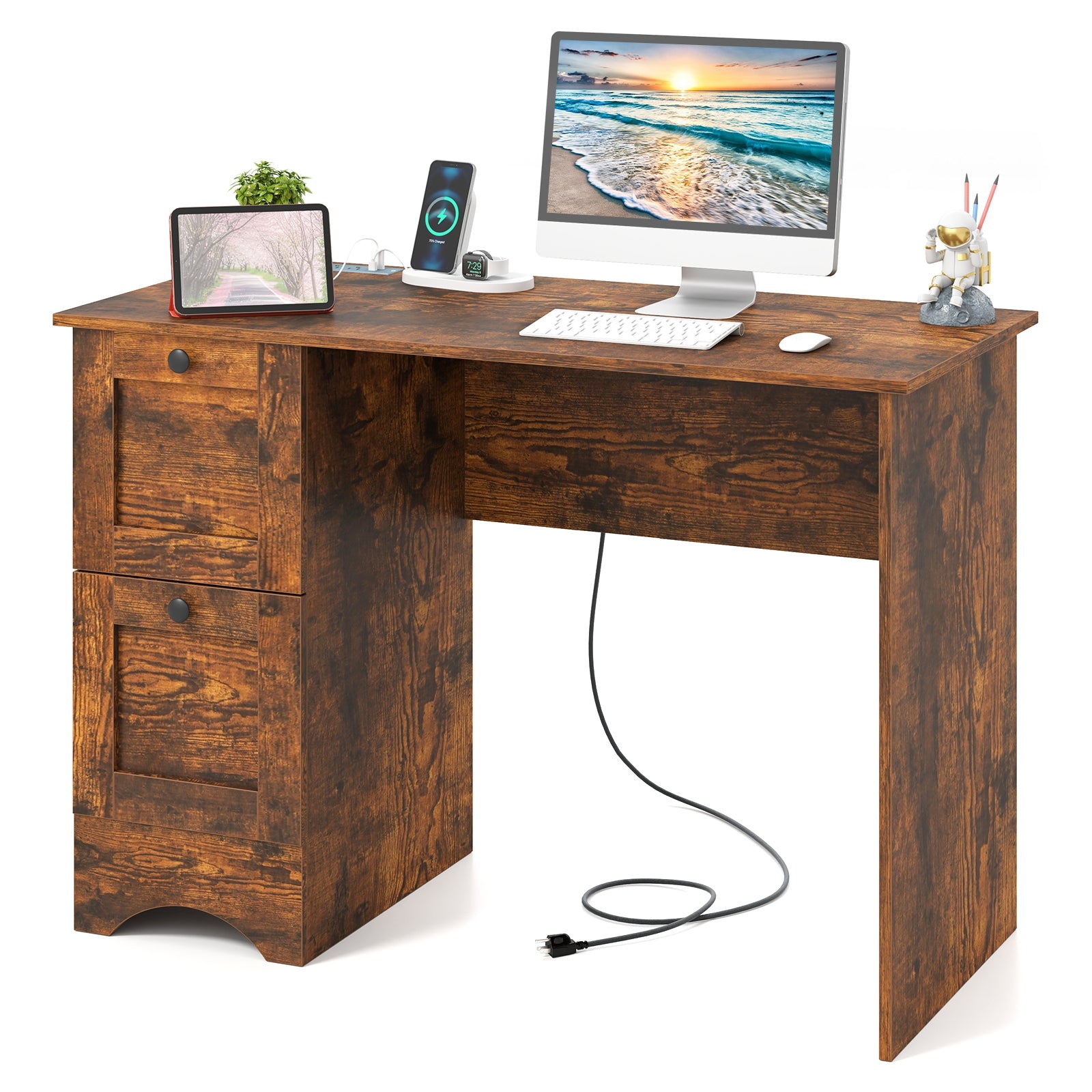 Wooden Computer Desk Workstation with 3 Drawers for Home and Office, Rustic Brown Computer Desks at Gallery Canada