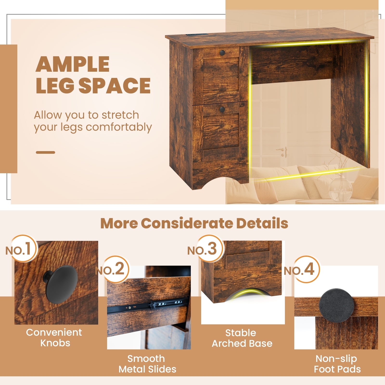 Wooden Computer Desk Workstation with 3 Drawers for Home and Office, Rustic Brown Computer Desks at Gallery Canada