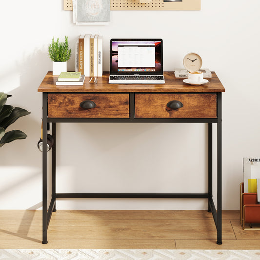 Space Saving Home Office Desk with 2 Fabric Drawers and 4 Hanging Hooks, Rustic Brown Computer Desks Rustic Brown at Gallery Canada