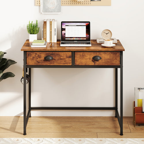 Space Saving Home Office Desk with 2 Fabric Drawers and 4 Hanging Hooks, Rustic Brown