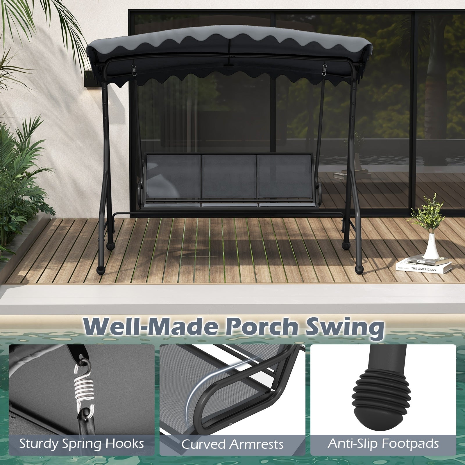 3-Seat Outdoor Porch Canopy Swing with Adjustable Shading, Gray Porch Swings   at Gallery Canada