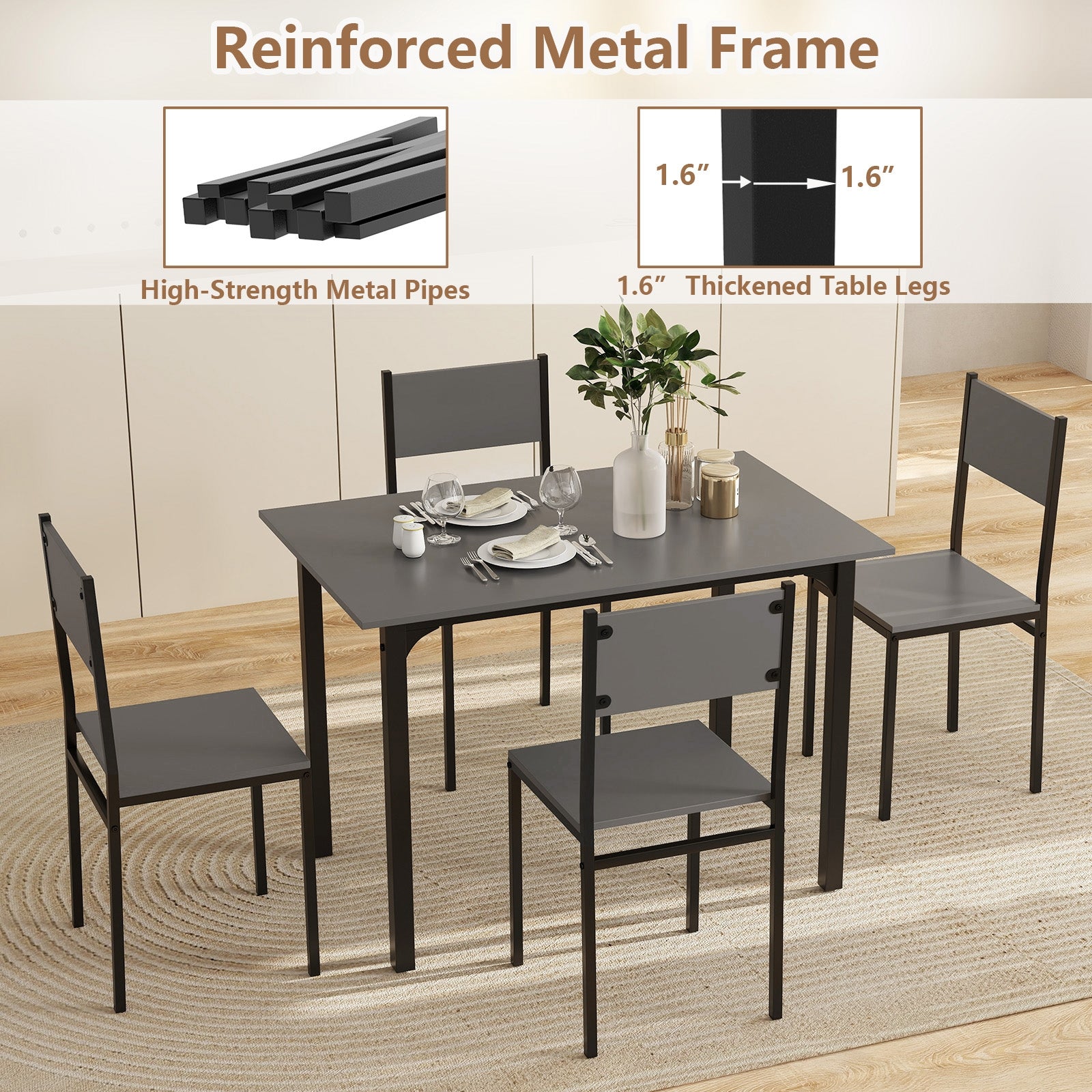 5 Piece Dining Table Set Industrial Style Kitchen Table and Chairs for 4-Grey, Gray Dining Room Sets at Gallery Canada