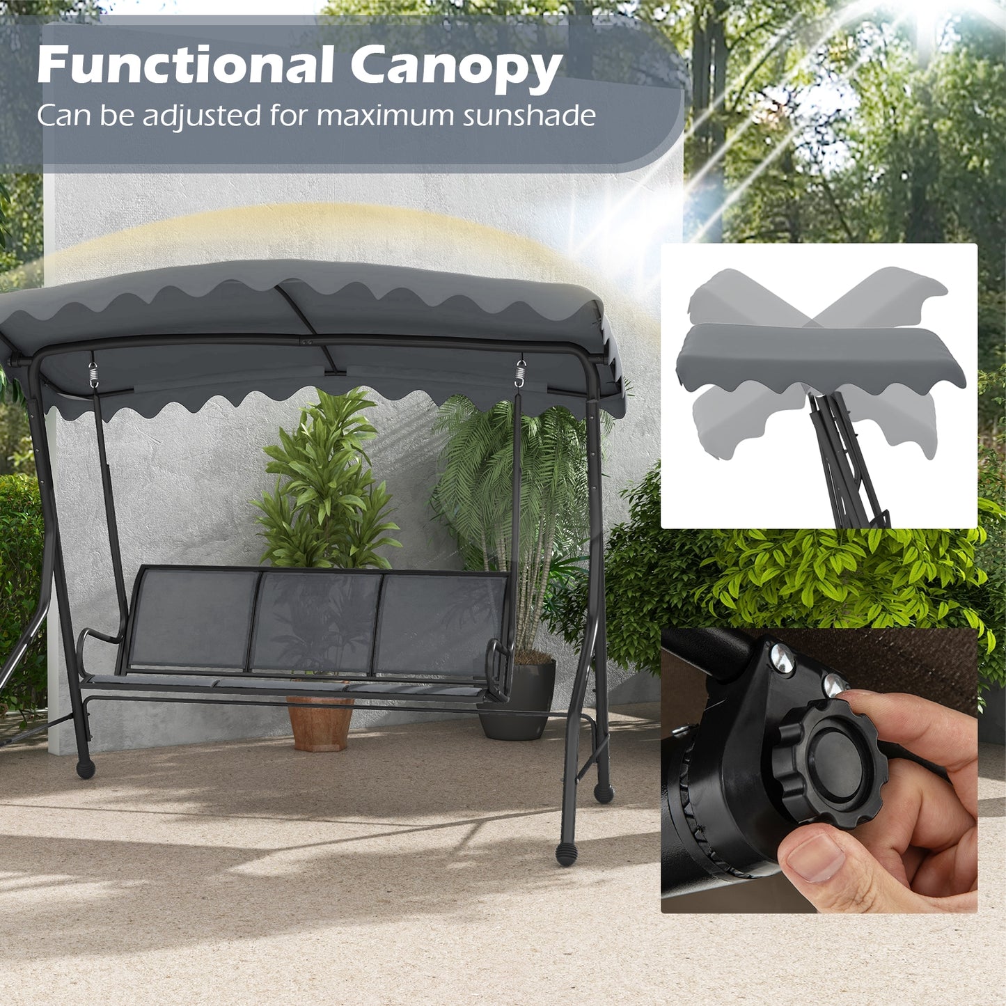 3-Seat Outdoor Porch Canopy Swing with Adjustable Shading, Gray Porch Swings   at Gallery Canada