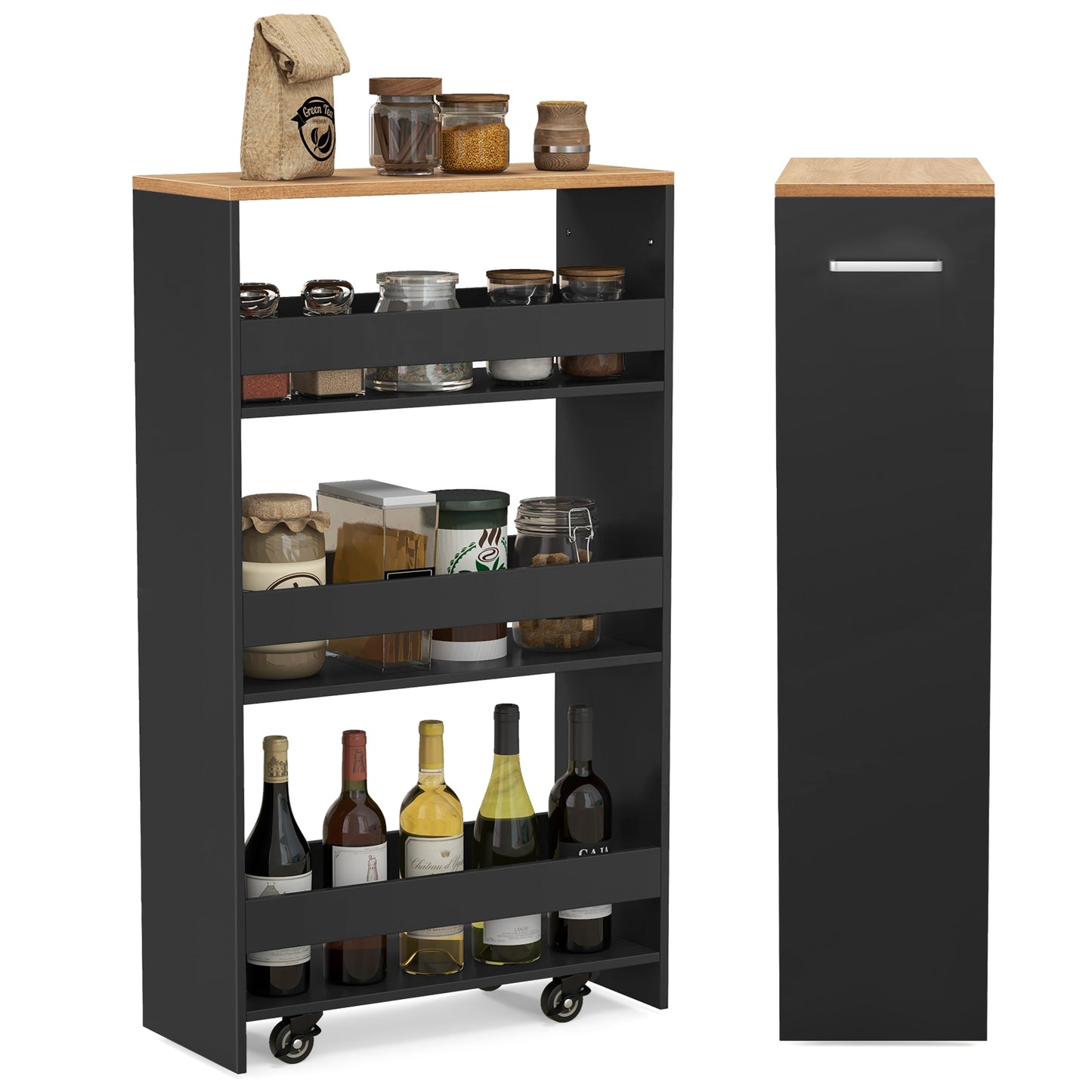 4-Tier Rolling Storage Cart Slim Kitchen Cart on Wheels with Open Shelves and Handle, Black Kitchen Islands & Carts at Gallery Canada