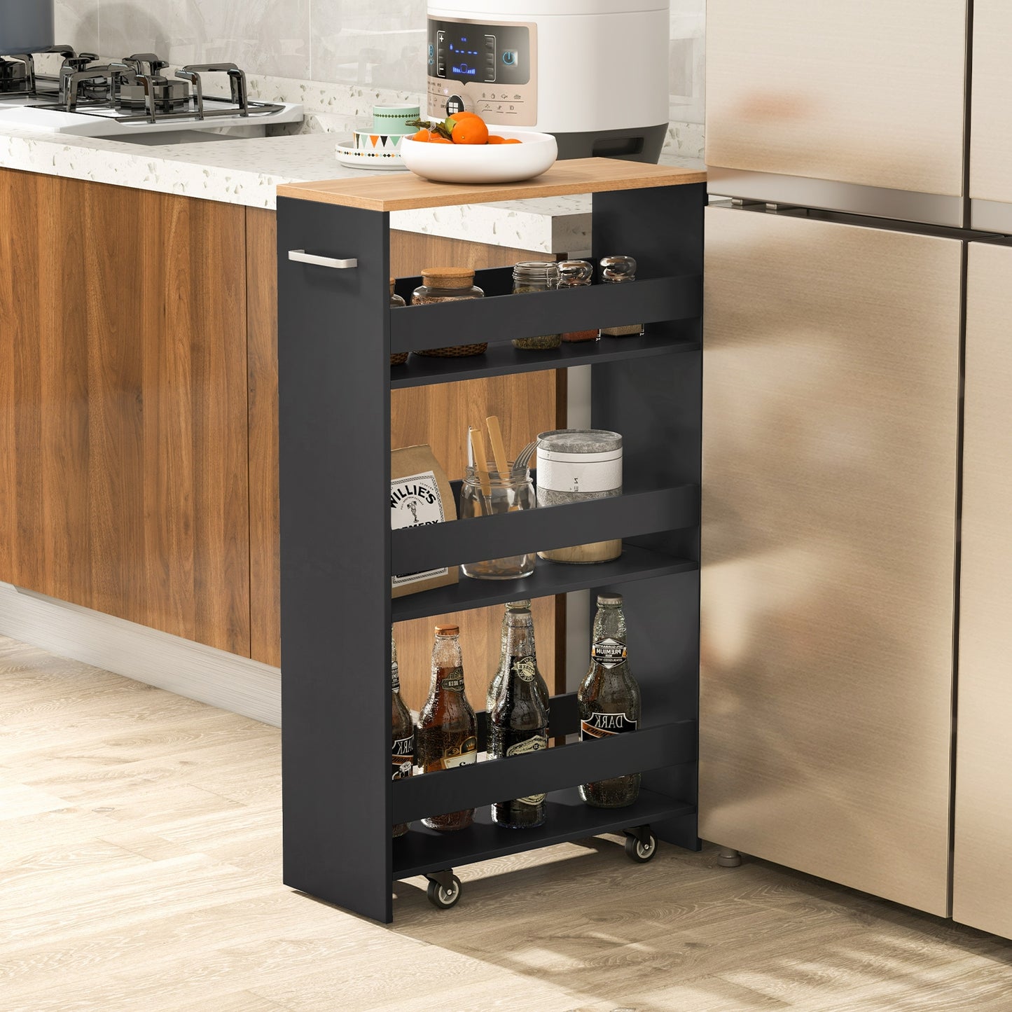 4-Tier Rolling Storage Cart Slim Kitchen Cart on Wheels with Open Shelves and Handle, Black Kitchen Islands & Carts at Gallery Canada