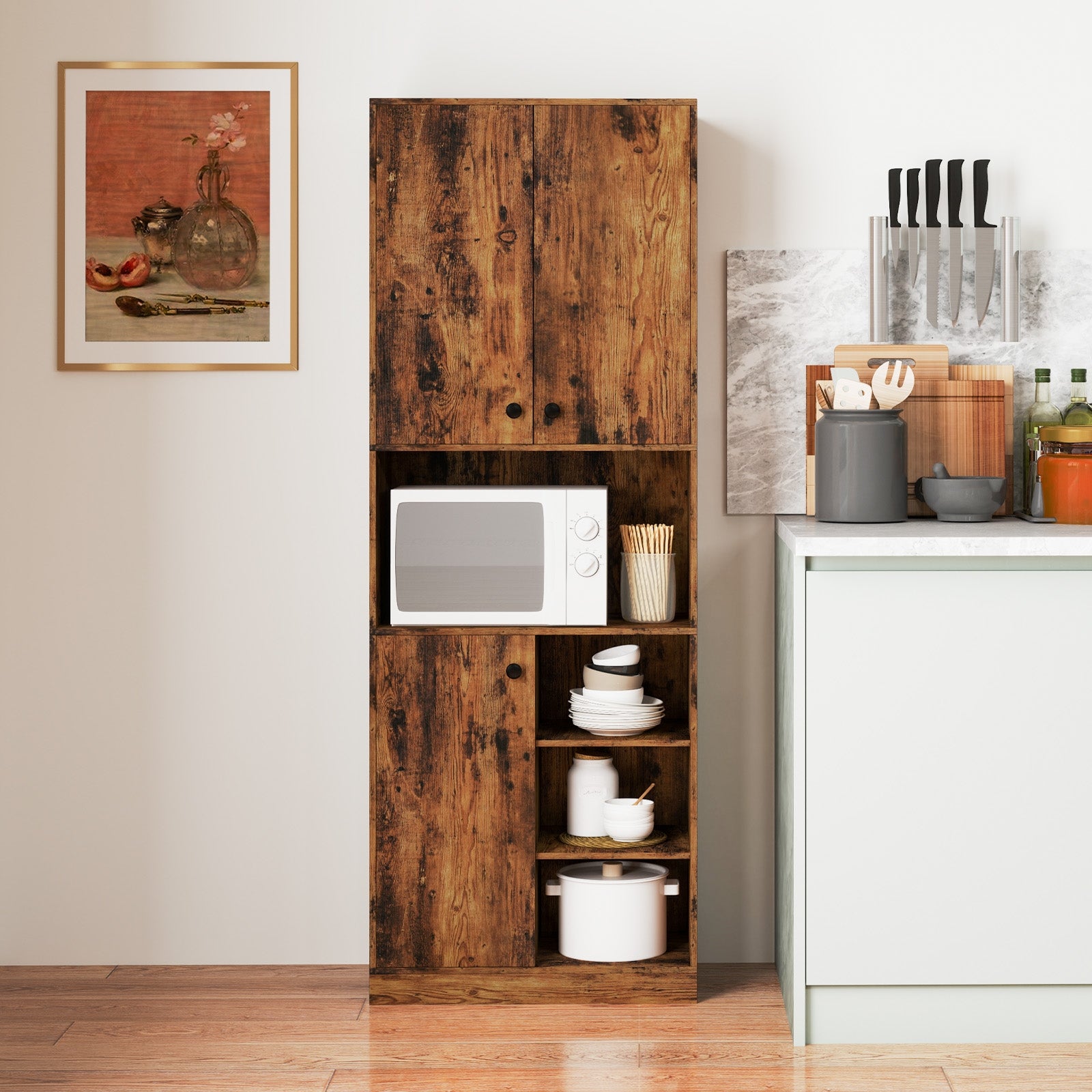 Kitchen Pantry Storage Cabinet with Microwave Stand and Open Shelves, Rustic Brown Sideboards Cabinets & Buffets at Gallery Canada