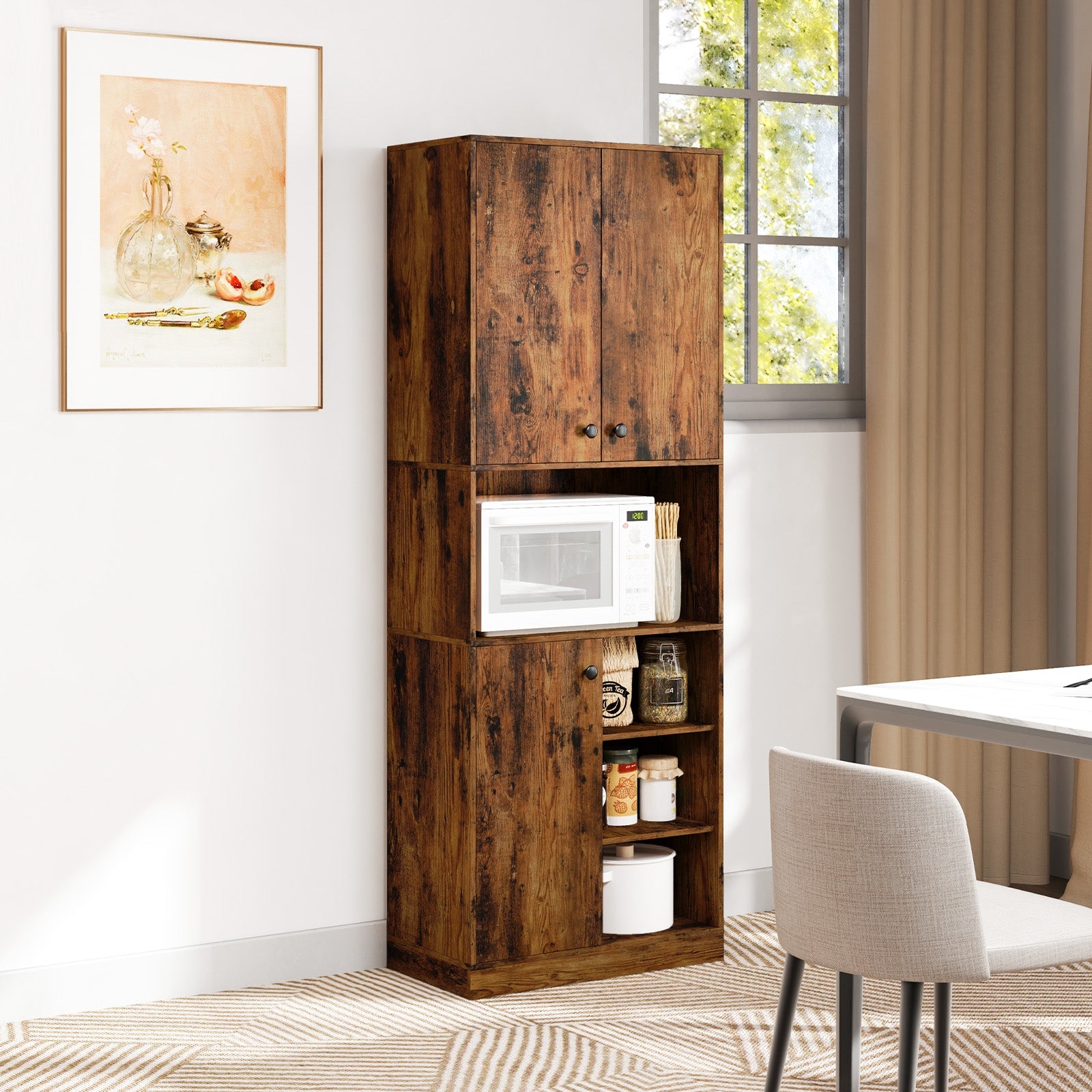 Kitchen Pantry Storage Cabinet with Microwave Stand and Open Shelves, Rustic Brown Sideboards Cabinets & Buffets at Gallery Canada