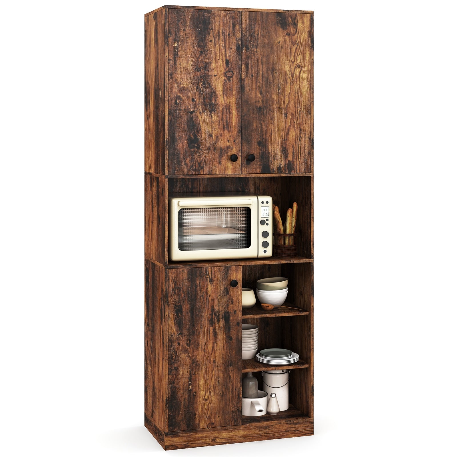 Kitchen Pantry Storage Cabinet with Microwave Stand and Open Shelves, Rustic Brown Sideboards Cabinets & Buffets Rustic Brown at Gallery Canada