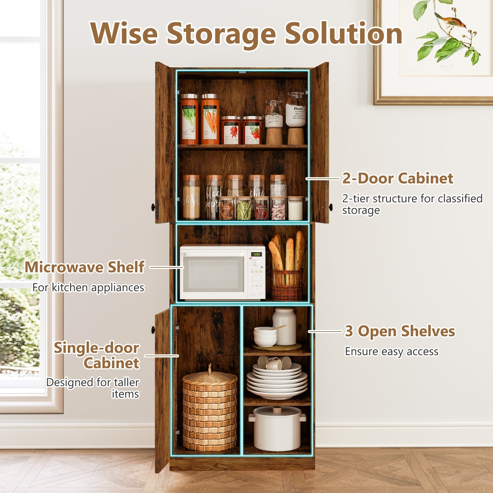 Kitchen Pantry Storage Cabinet with Microwave Stand and Open Shelves, Rustic Brown Sideboards Cabinets & Buffets at Gallery Canada