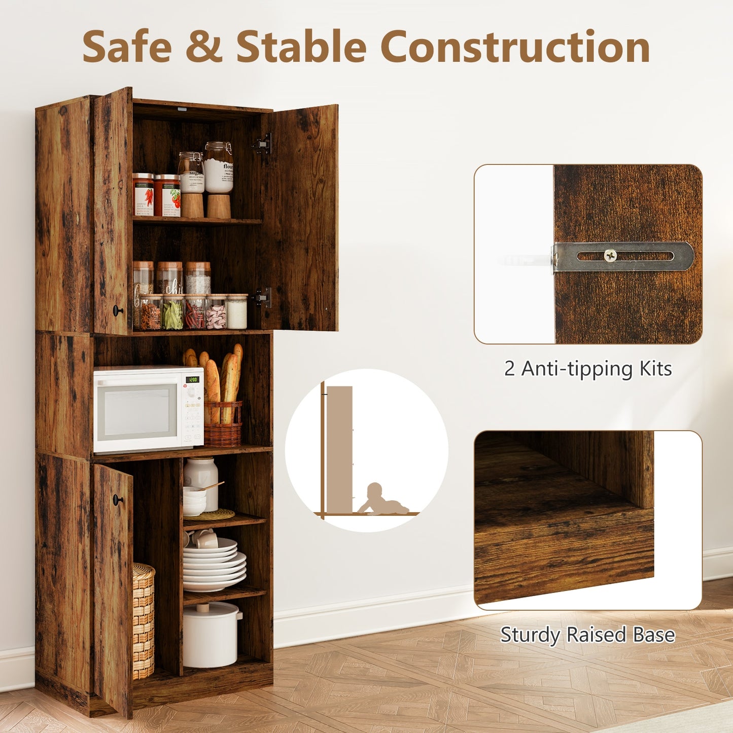 Kitchen Pantry Storage Cabinet with Microwave Stand and Open Shelves, Rustic Brown Sideboards Cabinets & Buffets at Gallery Canada