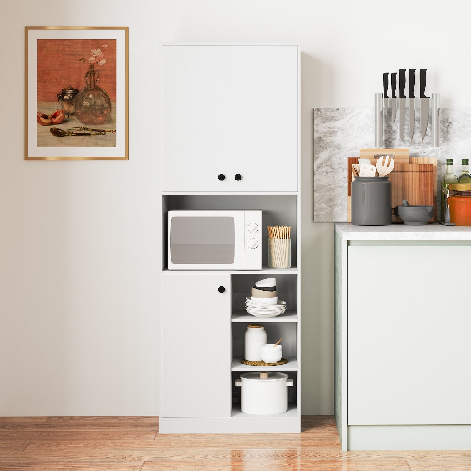 Kitchen Pantry Storage Cabinet with Microwave Stand and Open Shelves, White Sideboards Cabinets & Buffets at Gallery Canada