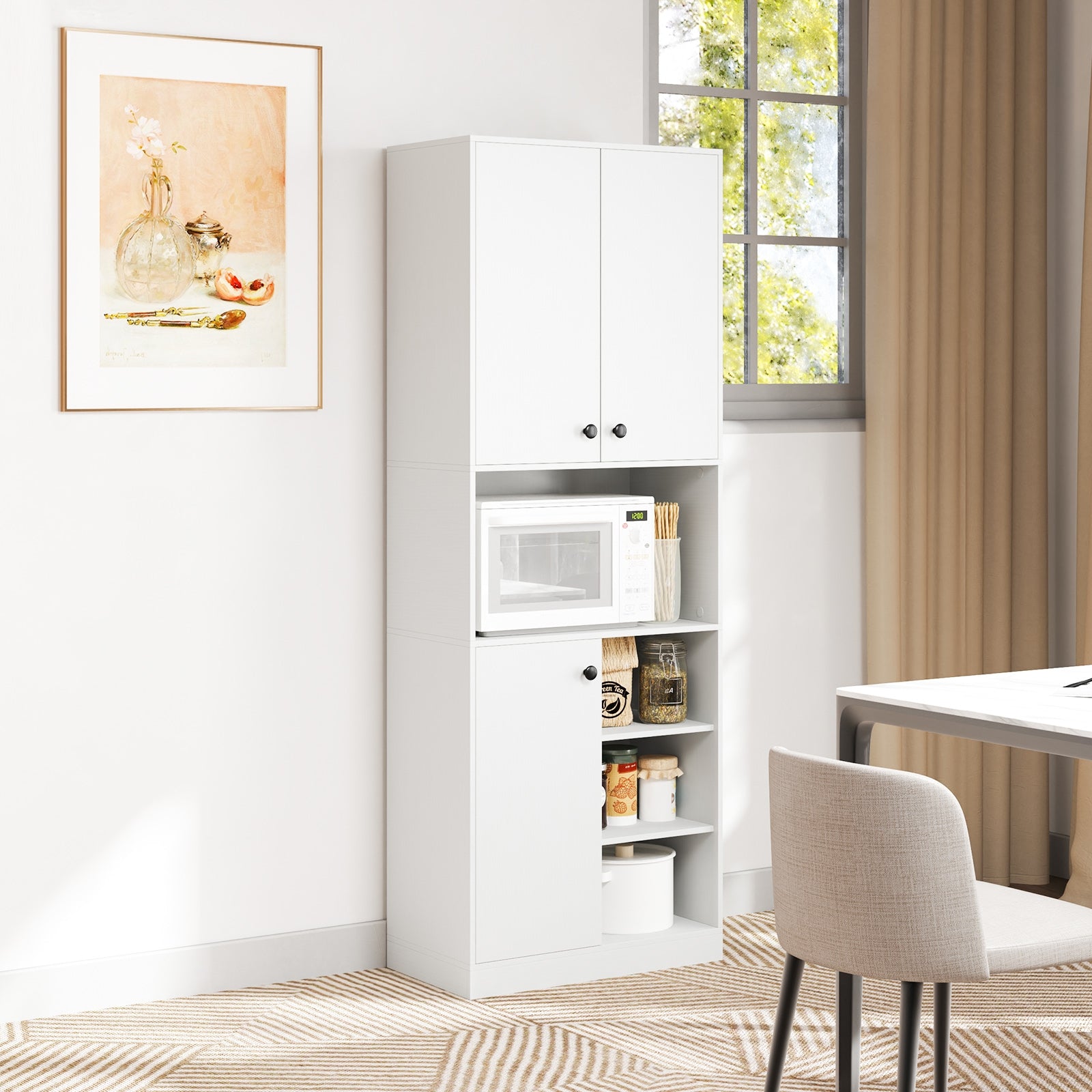 Kitchen Pantry Storage Cabinet with Microwave Stand and Open Shelves, White Sideboards Cabinets & Buffets at Gallery Canada