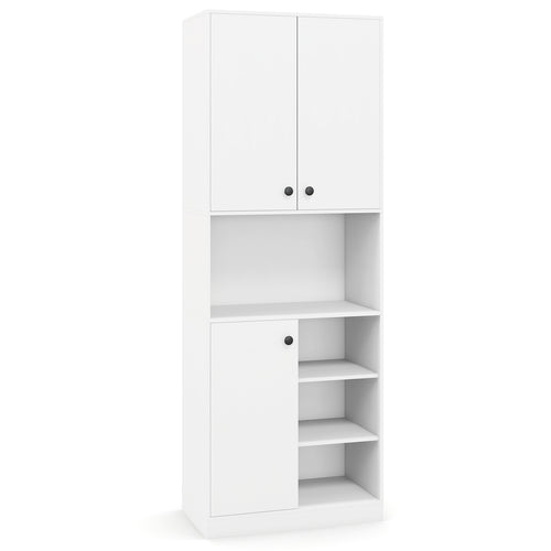 Kitchen Pantry Storage Cabinet with Microwave Stand and Open Shelves, White