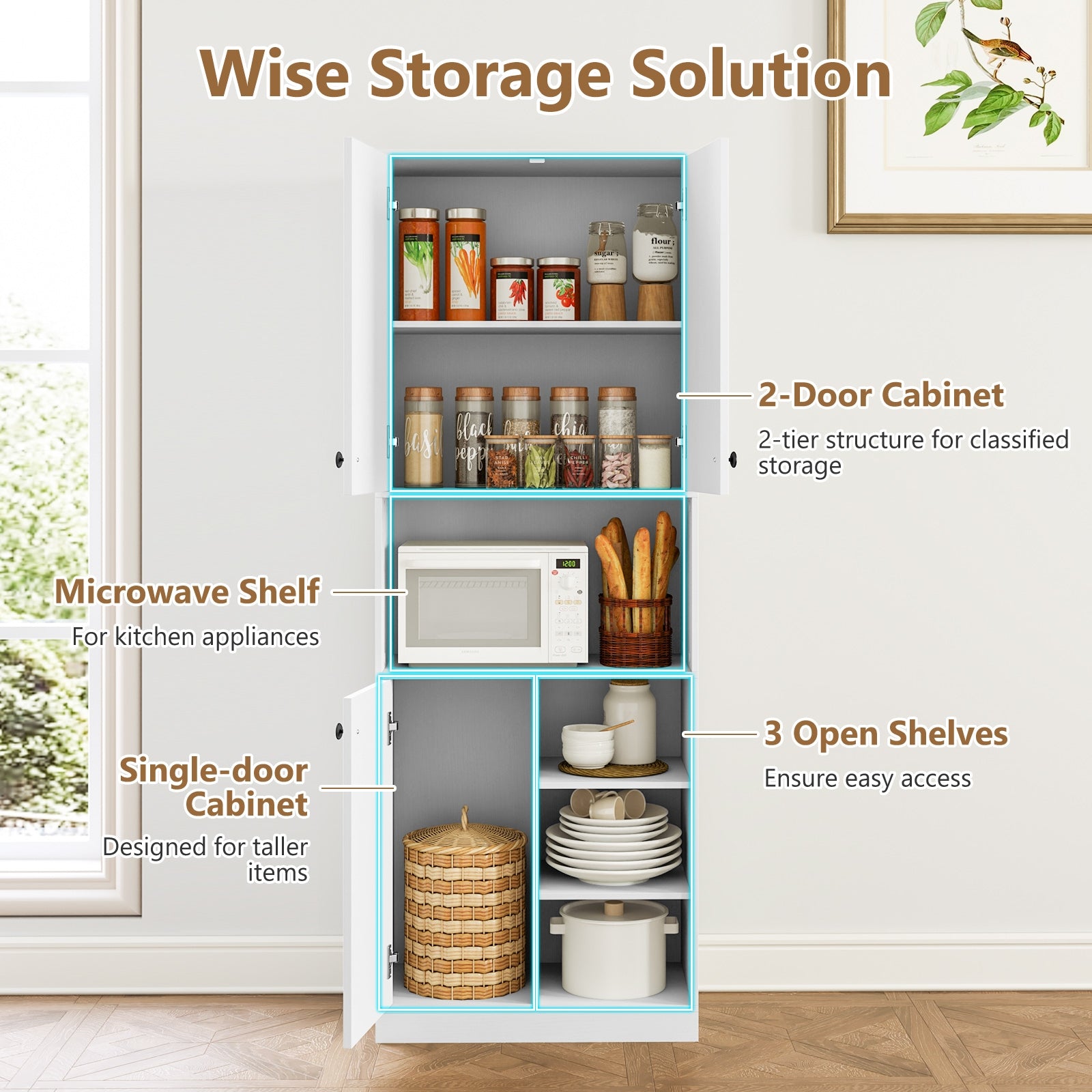 Kitchen Pantry Storage Cabinet with Microwave Stand and Open Shelves, White Sideboards Cabinets & Buffets at Gallery Canada