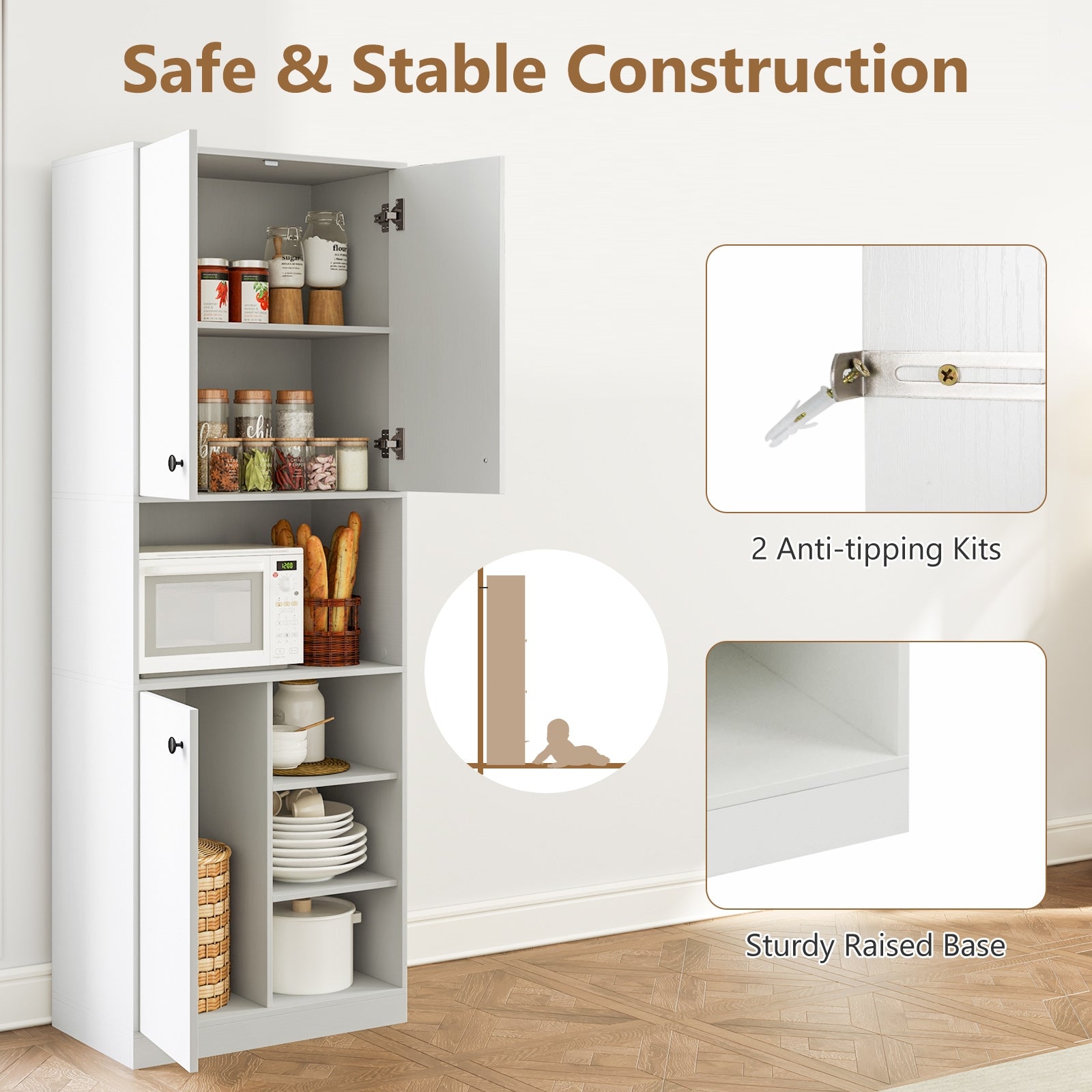 Kitchen Pantry Storage Cabinet with Microwave Stand and Open Shelves, White Sideboards Cabinets & Buffets at Gallery Canada