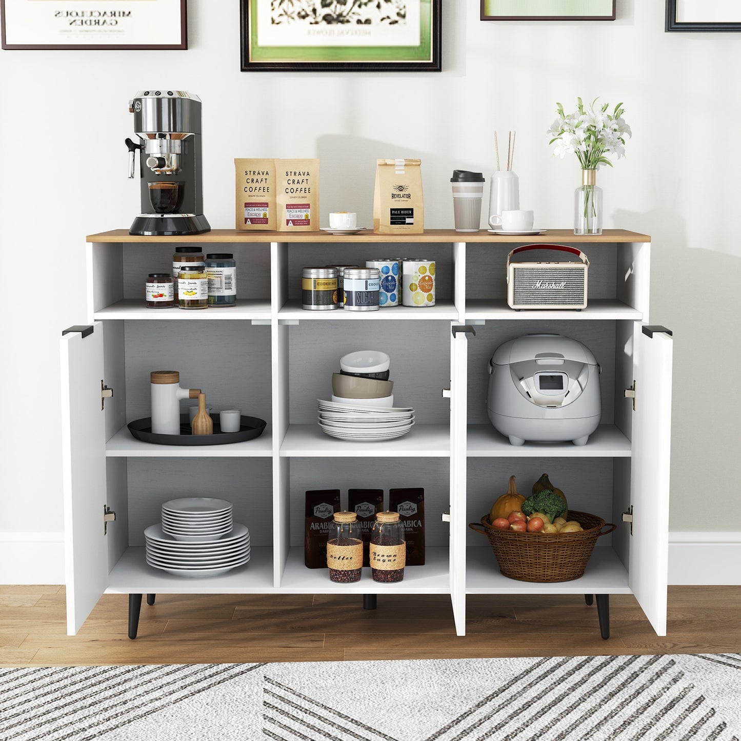 Sideboard Buffet Cabinet Kitchen Storage Cabinet with 5-Position Adjustable Shelves, White Sideboards Cabinets & Buffets at Gallery Canada