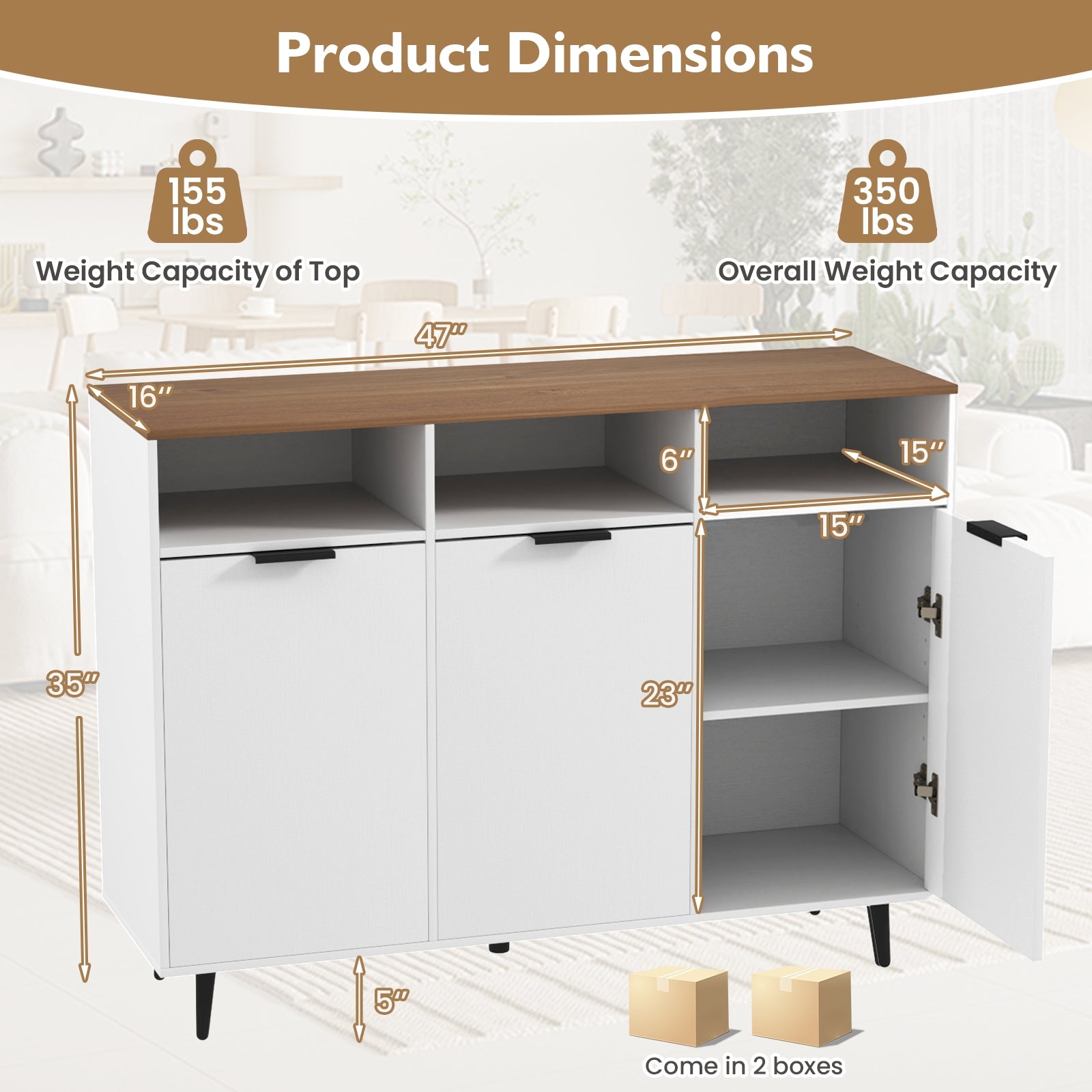 Sideboard Buffet Cabinet Kitchen Storage Cabinet with 5-Position Adjustable Shelves, White Sideboards Cabinets & Buffets at Gallery Canada