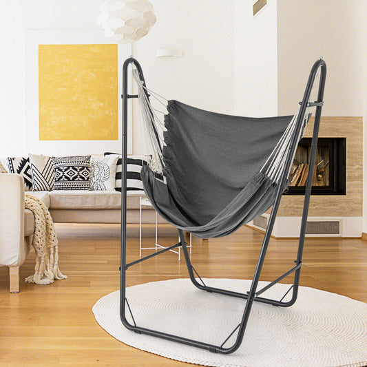 Hammock Chair with Heavy Duty Metal Frame and Side Pocket, Gray Recliners Gray at Gallery Canada