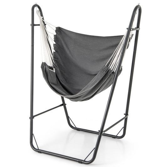 Hammock Chair with Heavy Duty Metal Frame and Side Pocket, Gray Recliners Gray at Gallery Canada