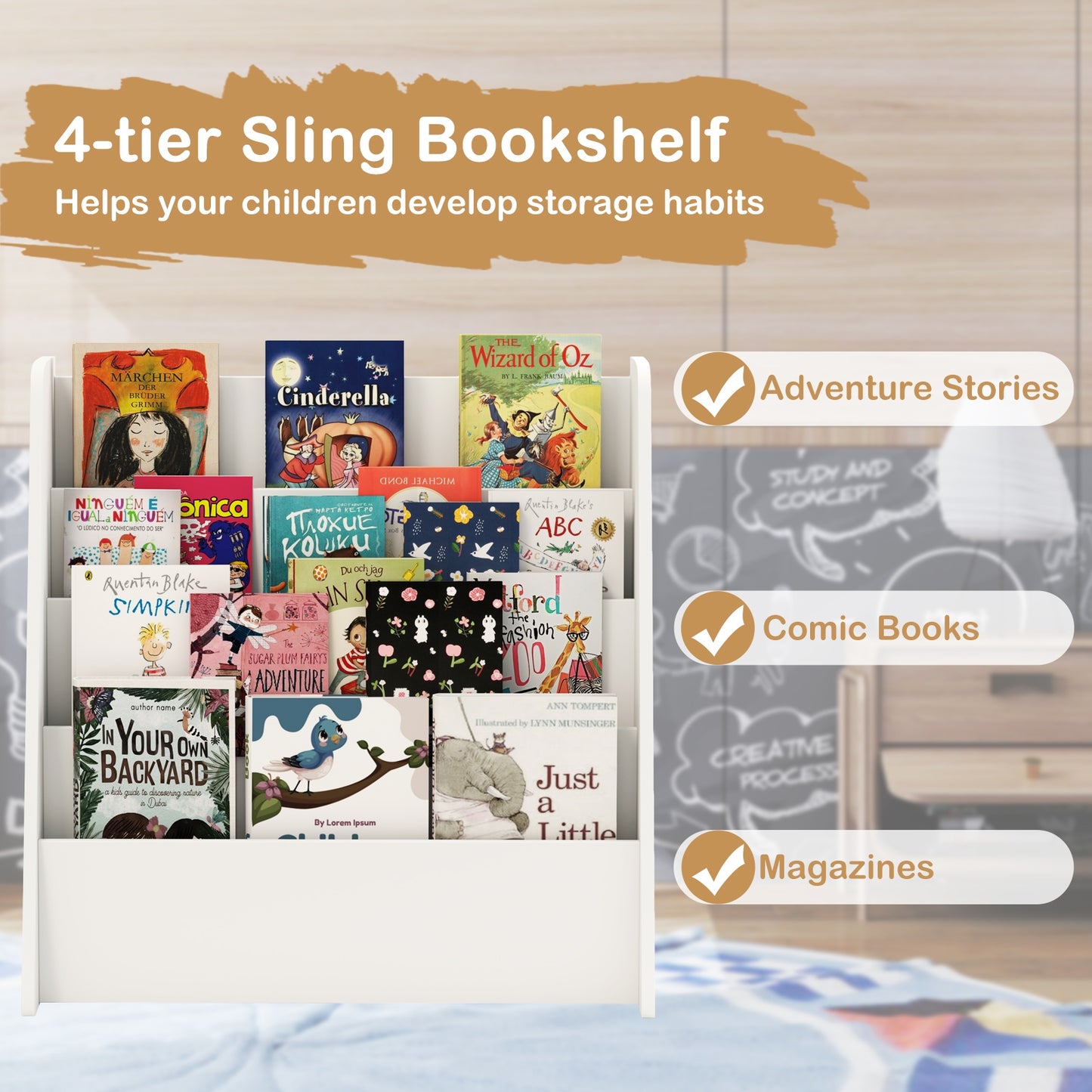 4-Tier Kids Bookshelf with Deep Compartments for Bedroom, White Kids Storage at Gallery Canada