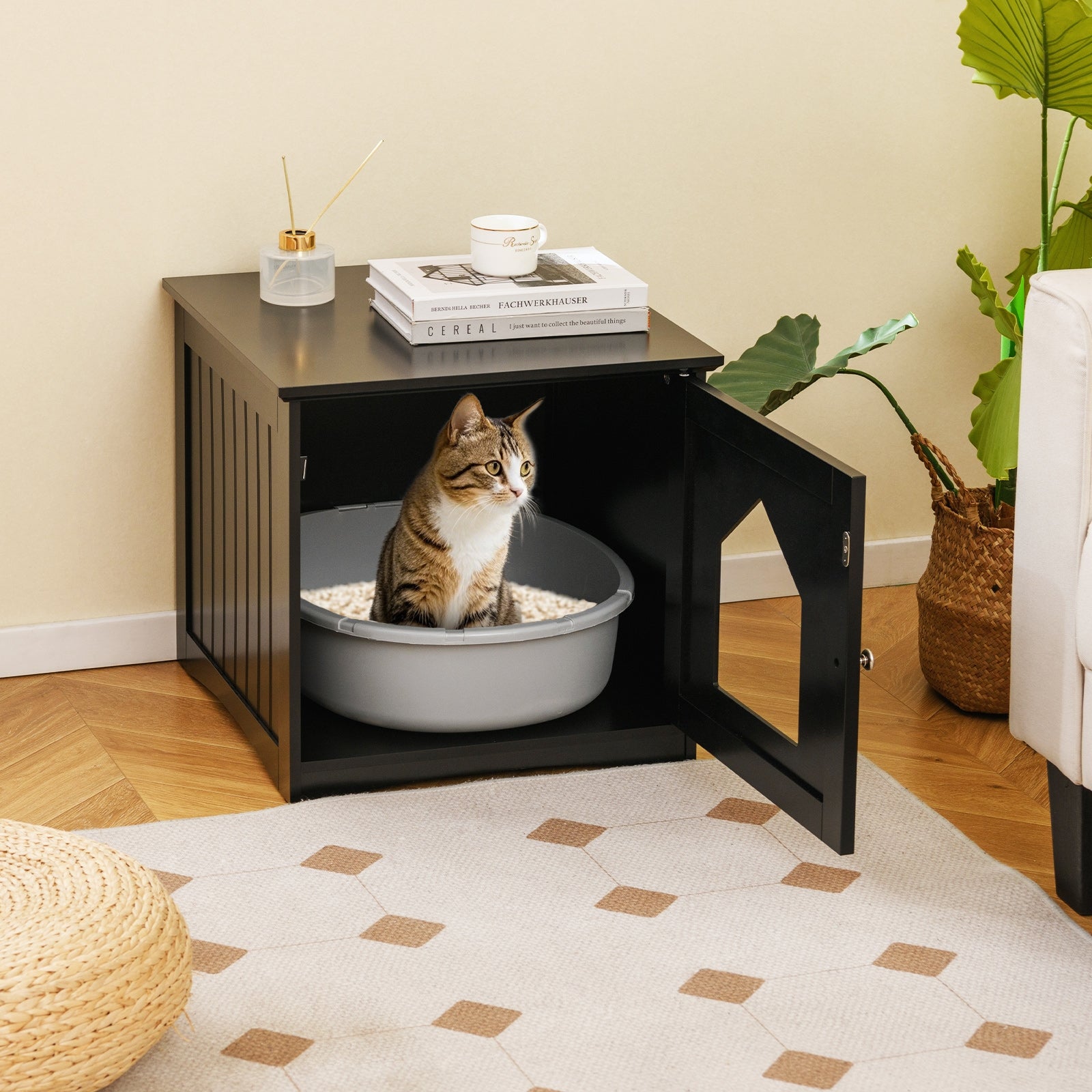 Sidetable Nightstand Weatherproof Multi-function Cat House, Black Cat Houses at Gallery Canada