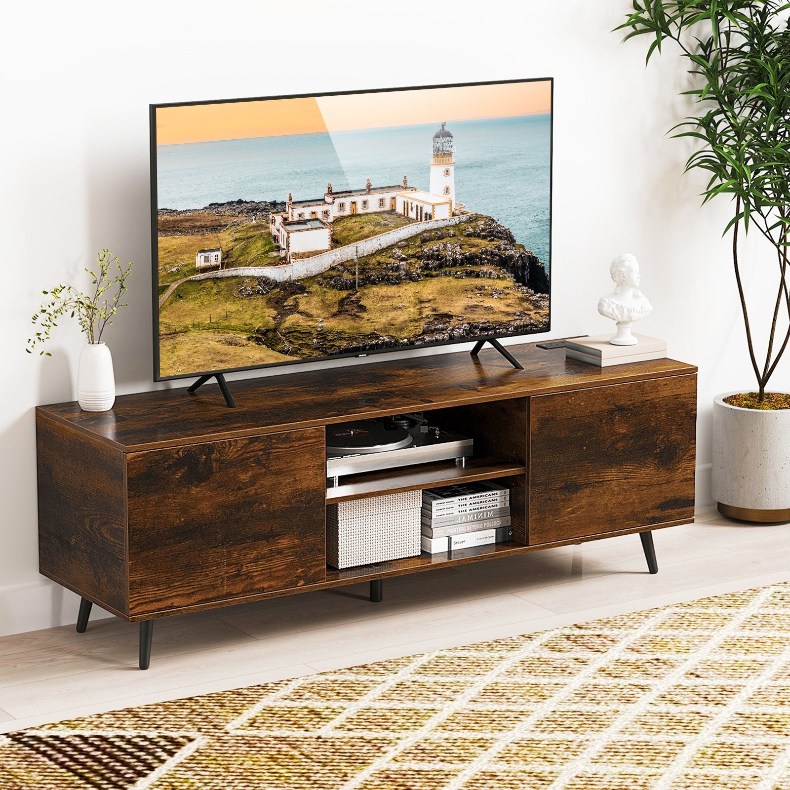 TV Stand with Power Outlets and Adjustable Shelf for 60 Inch TVs, Rustic Brown Entertainment Centers & TV Stands at Gallery Canada