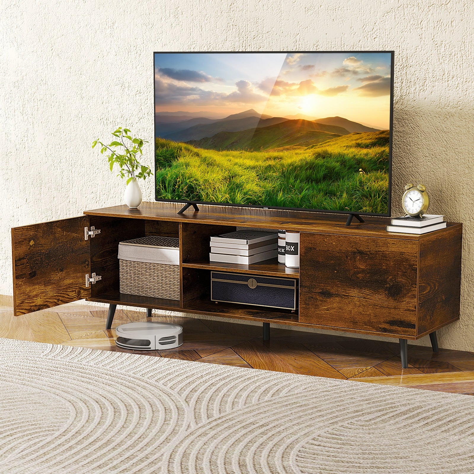 TV Stand with Power Outlets and Adjustable Shelf for 60 Inch TVs, Rustic Brown Entertainment Centers & TV Stands at Gallery Canada