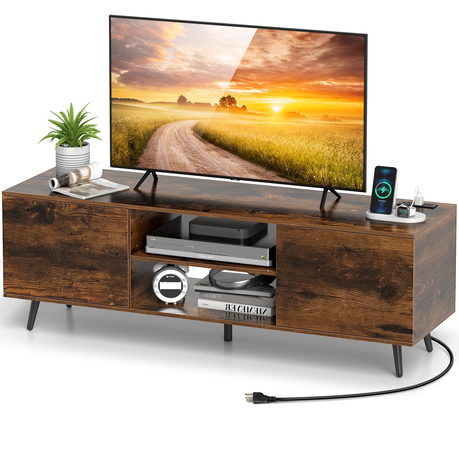 TV Stand with Power Outlets and Adjustable Shelf for 60 Inch TVs, Rustic Brown Entertainment Centers & TV Stands at Gallery Canada
