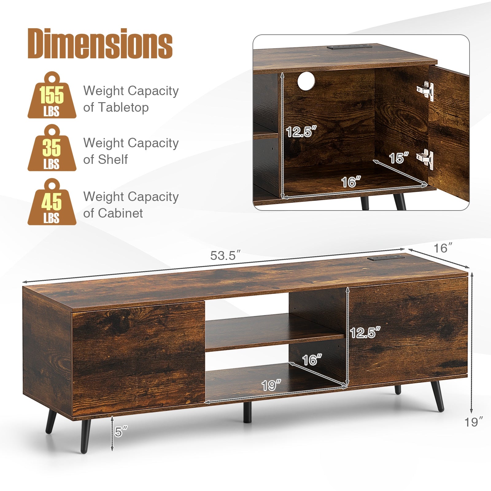 TV Stand with Power Outlets and Adjustable Shelf for 60 Inch TVs, Rustic Brown Entertainment Centers & TV Stands at Gallery Canada